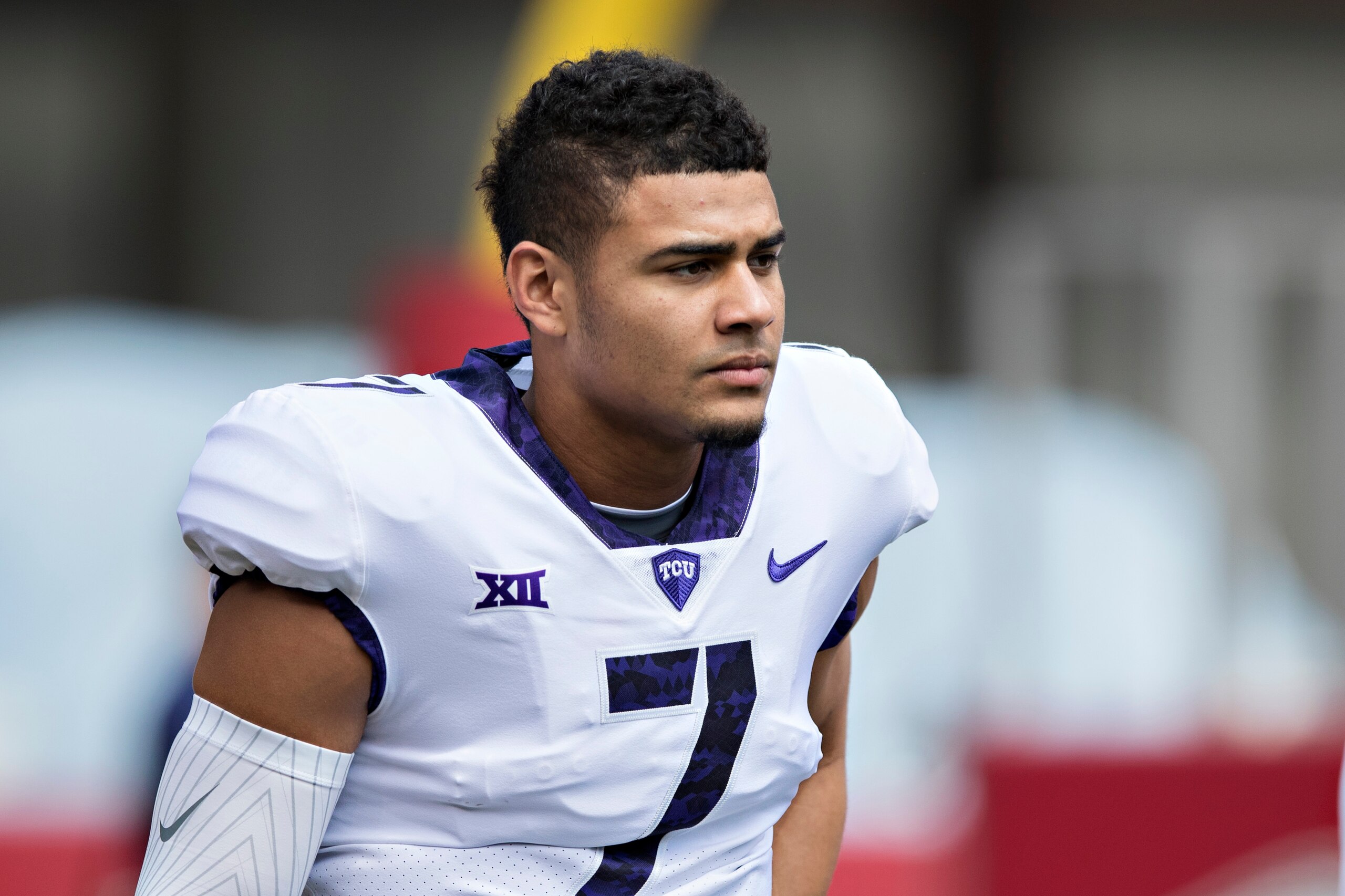 FAYETTEVILLE, AR - SEPTEMBER 9:  Kenny Hill #7 of the TCU Horned Frogs warming up before a game against the Arkansas Razorbacks at Donald W. Reynolds Razorback Stadium on September 9, 2017 in Fayetteville, Arkansas.  The Horn Frogs defeated the Razorbacks