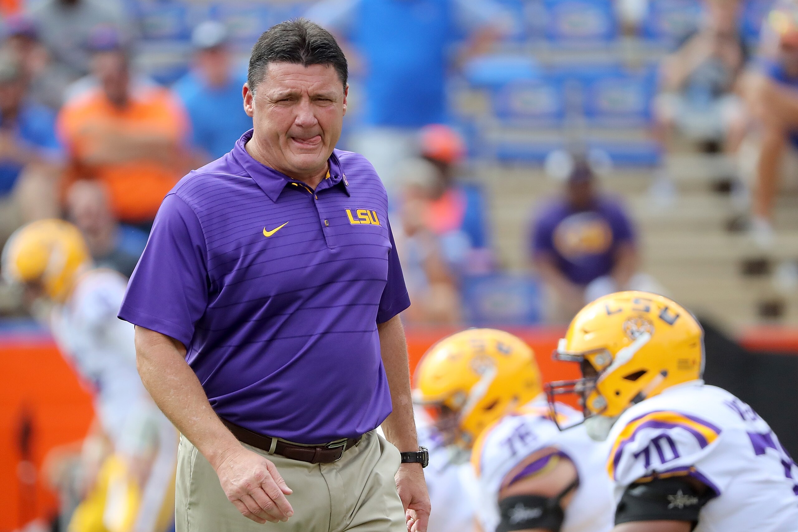 GAINESVILLE, FL - OCTOBER 07:  Head coach Ed Orgeron of the LSU Tigers looks over his team prior to the game against the against the Florida Gators at Ben Hill Griffin Stadium on October 7, 2017 in Gainesville, Florida.  (Photo by Sam Greenwood/Getty Imag