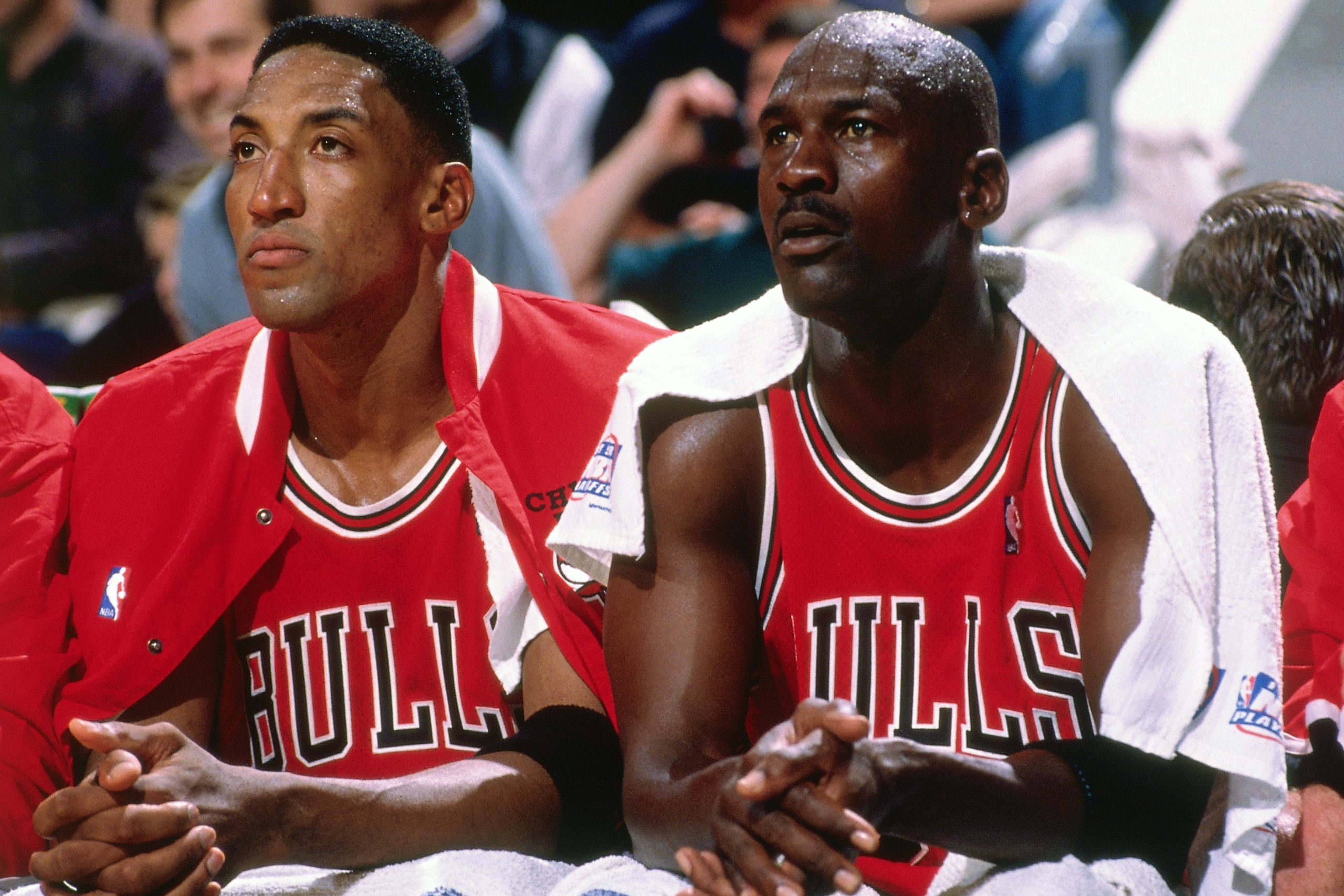 CHARLOTTE, NC - MAY 8: Michael Jordan #23 and Scottie Pippen #33 of the Chicago Bulls watch play from the bench during game three of the semifinals of the 1998 NBA Playoffs against the Charlotte Hornets on May 8, 1998 in Charlotte, North Carolina. NOTE CHARLOTTE, NC - MAY 8: Michael Jordan #23 and Scottie Pippen #33 of the Chicago Bulls watch play from the bench during game three of the semifinals of the 1998 NBA Playoffs against the Charlotte Hornets on May 8, 1998 in Charlotte, North Carolina. NOTE