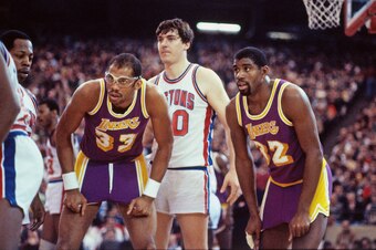 AUBURN HILLS, MI - 1990: Bill Laimbeer #40 of the Detroit Pistons stands against the Los Angeles Lakers circa 1990 at the Palace of Auburn Hills in Auburn Hills, Michigan. NOTE TO USER: User expressly acknowledges and agrees that, by downloading and or us