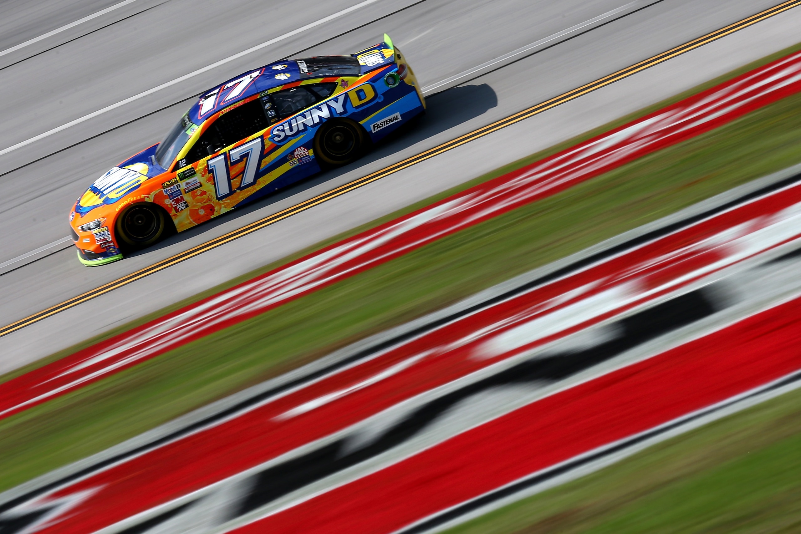 TALLADEGA, AL - OCTOBER 13:  Ricky Stenhouse Jr., driver of the #17 SunnyD Ford, drives during practice for the Monster Energy NASCAR Cup Series Alabama 500 at Talladega Superspeedway on October 13, 2017 in Talladega, Alabama.  (Photo by Sarah Crabill/Get