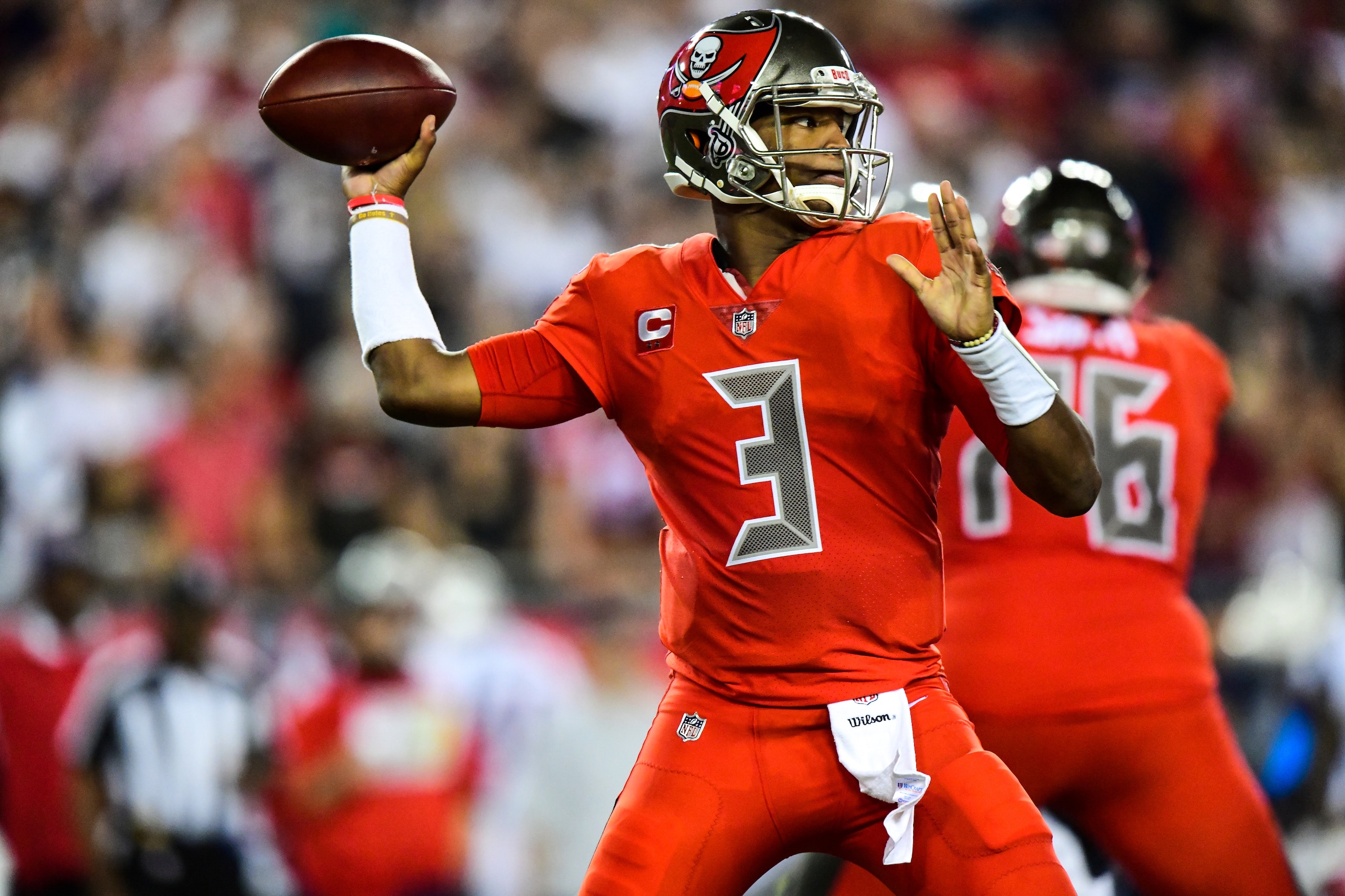 TAMPA, FL - OCTOBER 5: Quarterback Jameis Winston #3 of the Tampa Bay Buccaneers during the pregrame of an NFL football game on October 5, 2017 at Raymond James Stadium in Tampa, Florida. (Photo by Julio Aguilar/Getty Images)