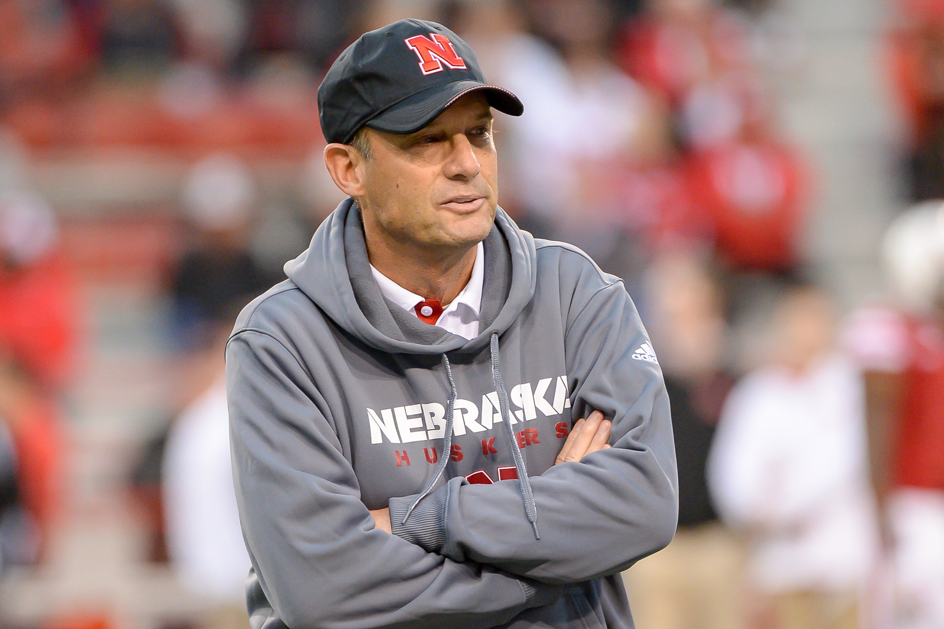 LINCOLN, NE - OCTOBER 14: Head coach Mike Riley of the Nebraska Cornhuskers watches players warm up before the game against the Ohio State Buckeyes at Memorial Stadium on October 14, 2017 in Lincoln, Nebraska. (Photo by Steven Branscombe/Getty Images)