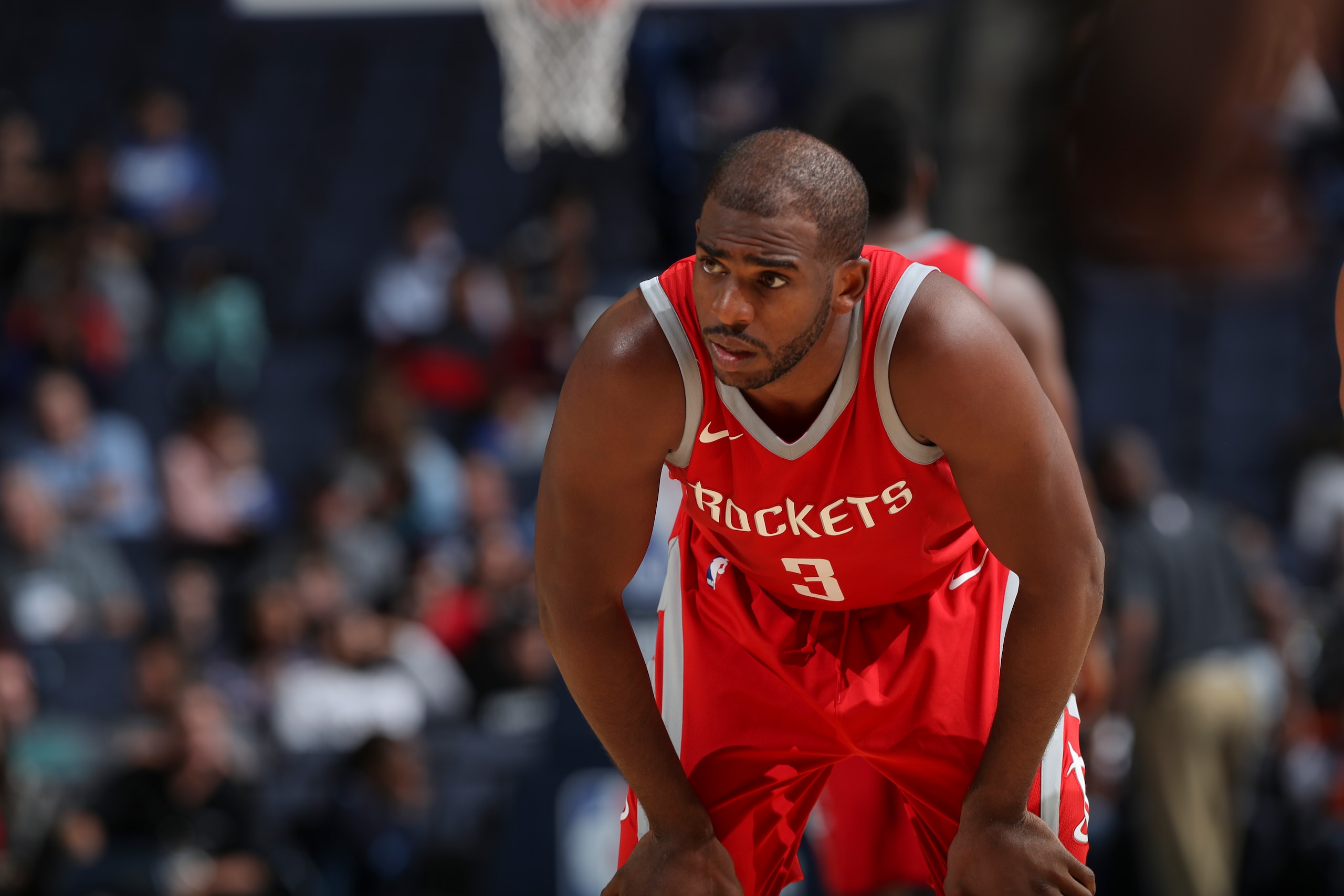MEMPHIS, TN - OCTOBER 11:  Chris Paul #3 of the Houston Rockets looks on during a preseason game against the Memphis Grizzlies on October 11, 2017 at FedExForum in Memphis, Tennessee. NOTE TO USER: User expressly acknowledges and agrees that, by downloadi