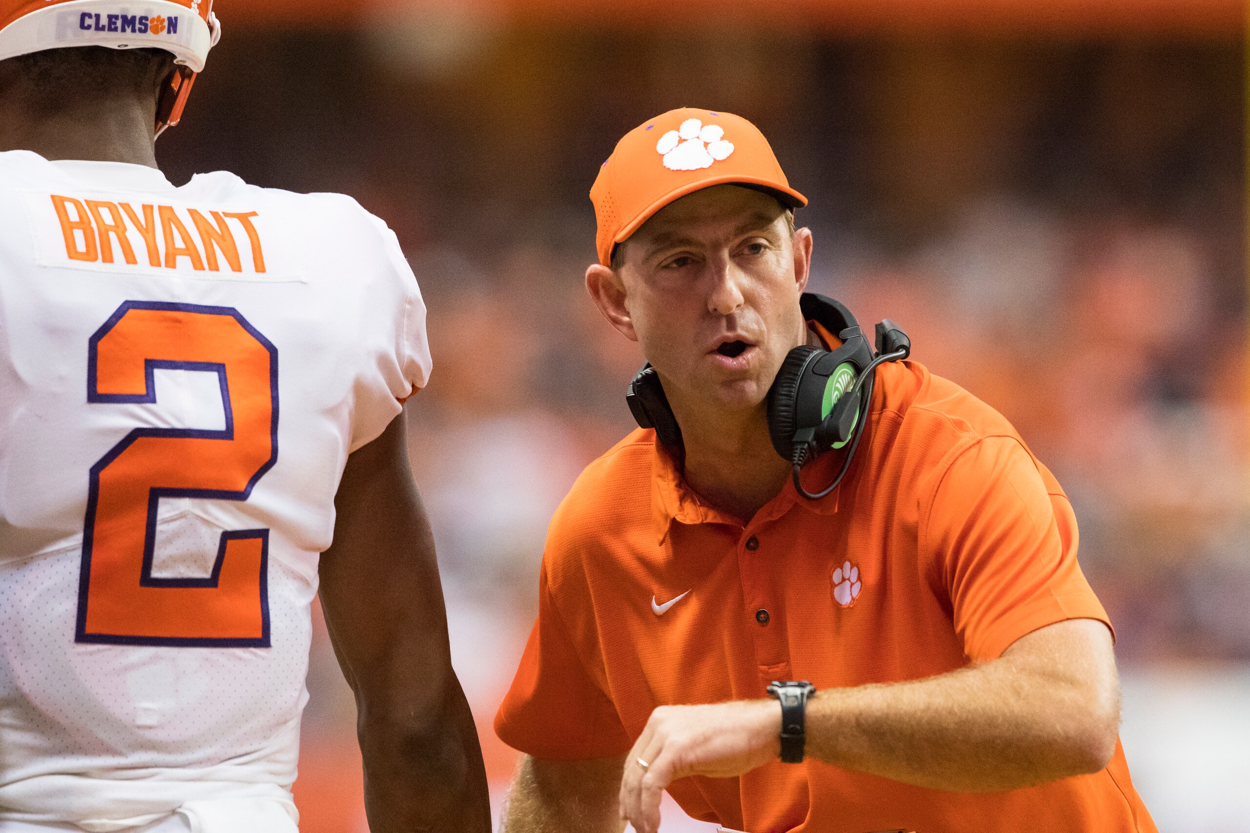SYRACUSE, NY - OCTOBER 13:  Head coach Dabo Swinney of the Clemson Tigers congratulates Kelly Bryant #2 after a scoring drive during the first quarter against the Syracuse Orange at the Carrier Dome on October 13, 2017 in Syracuse, New York.  (Photo by Br