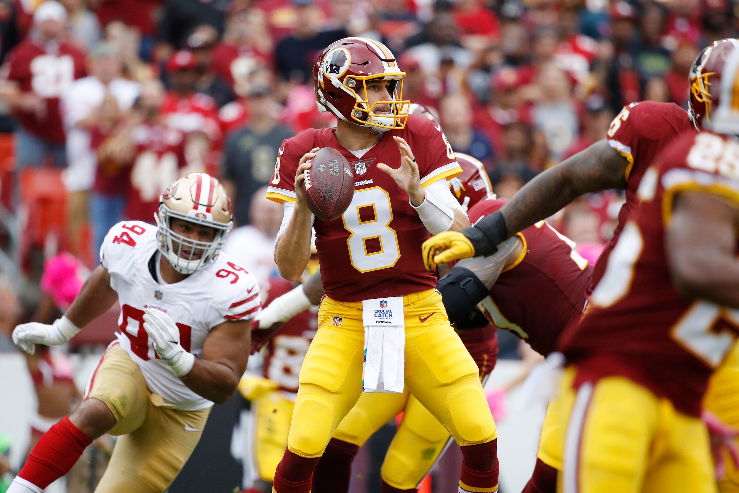 LANDOVER, MD - OCTOBER 15: Kirk Cousins #8 of the Washington Redskins looks to pass in the first quarter of a game against the San Francisco 49ers at FedEx Field on October 15, 2017 in Landover, Maryland. (Photo by Joe Robbins/Getty Images)