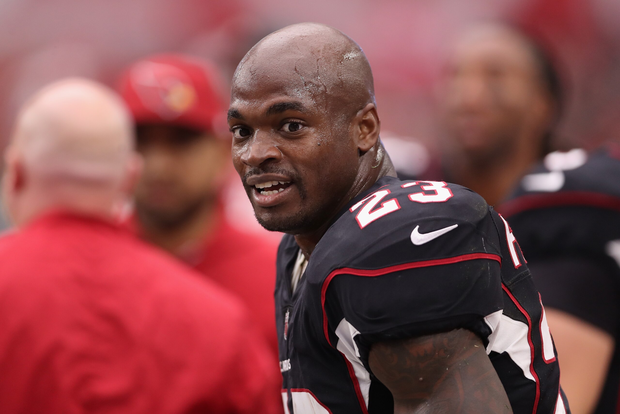 GLENDALE, AZ - OCTOBER 15:  Running back Adrian Peterson #23 of the Arizona Cardinals sits on the bench during the first half of the NFL game against the Tampa Bay Buccaneers at the University of Phoenix Stadium on October 15, 2017 in Glendale, Arizona.  