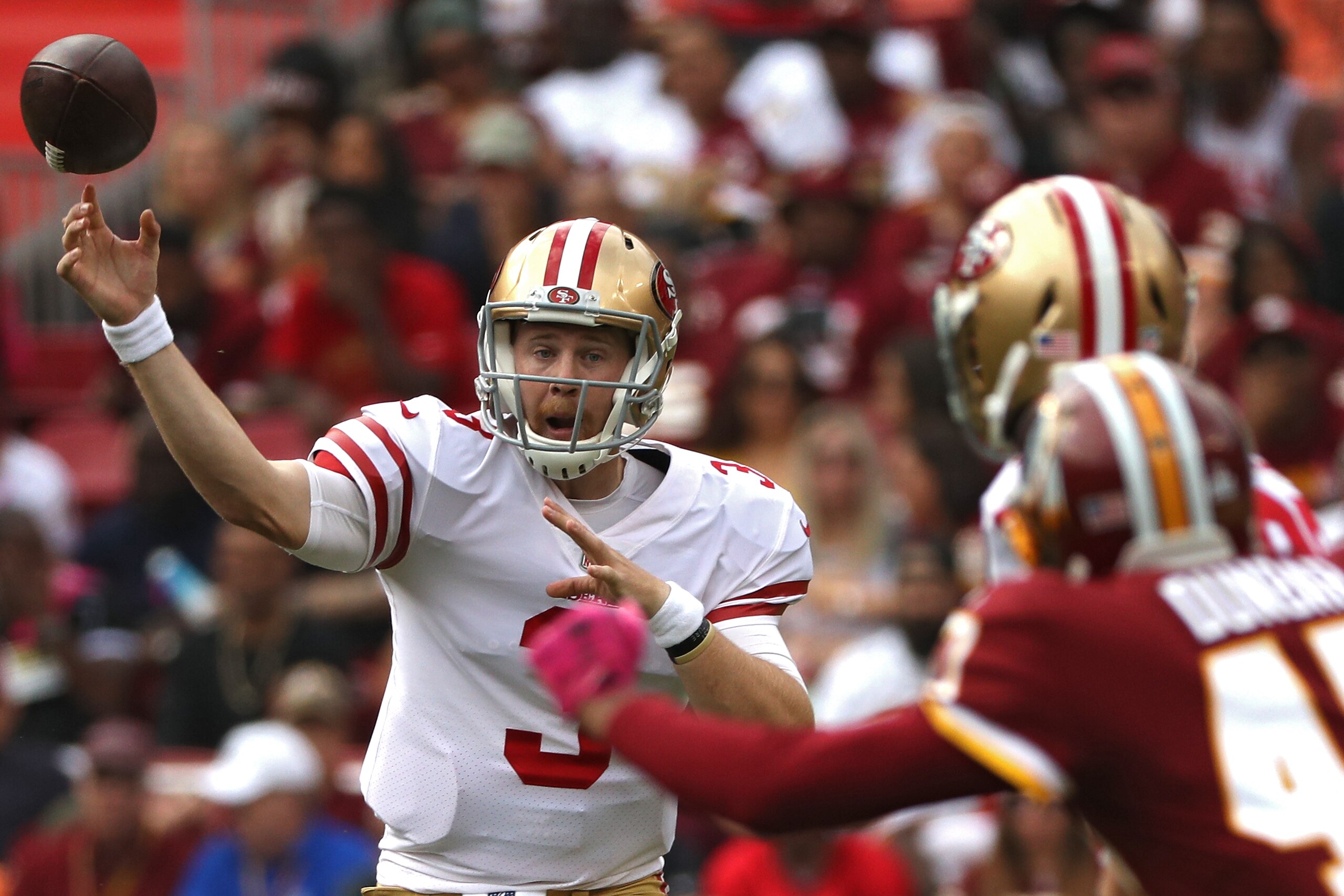 LANDOVER, MD - OCTOBER 15: Quarterback C.J. Beathard #3 of the San Francisco 49ers passes against the Washington Redskins during the second quarter at FedExField on October 15, 2017 in Landover, Maryland. (Photo by Patrick Smith/Getty Images) LANDOVER, MD - OCTOBER 15: Quarterback C.J. Beathard #3 of the San Francisco 49ers passes against the Washington Redskins during the second quarter at FedExField on October 15, 2017 in Landover, Maryland. (Photo by Patrick Smith/Getty Images)
