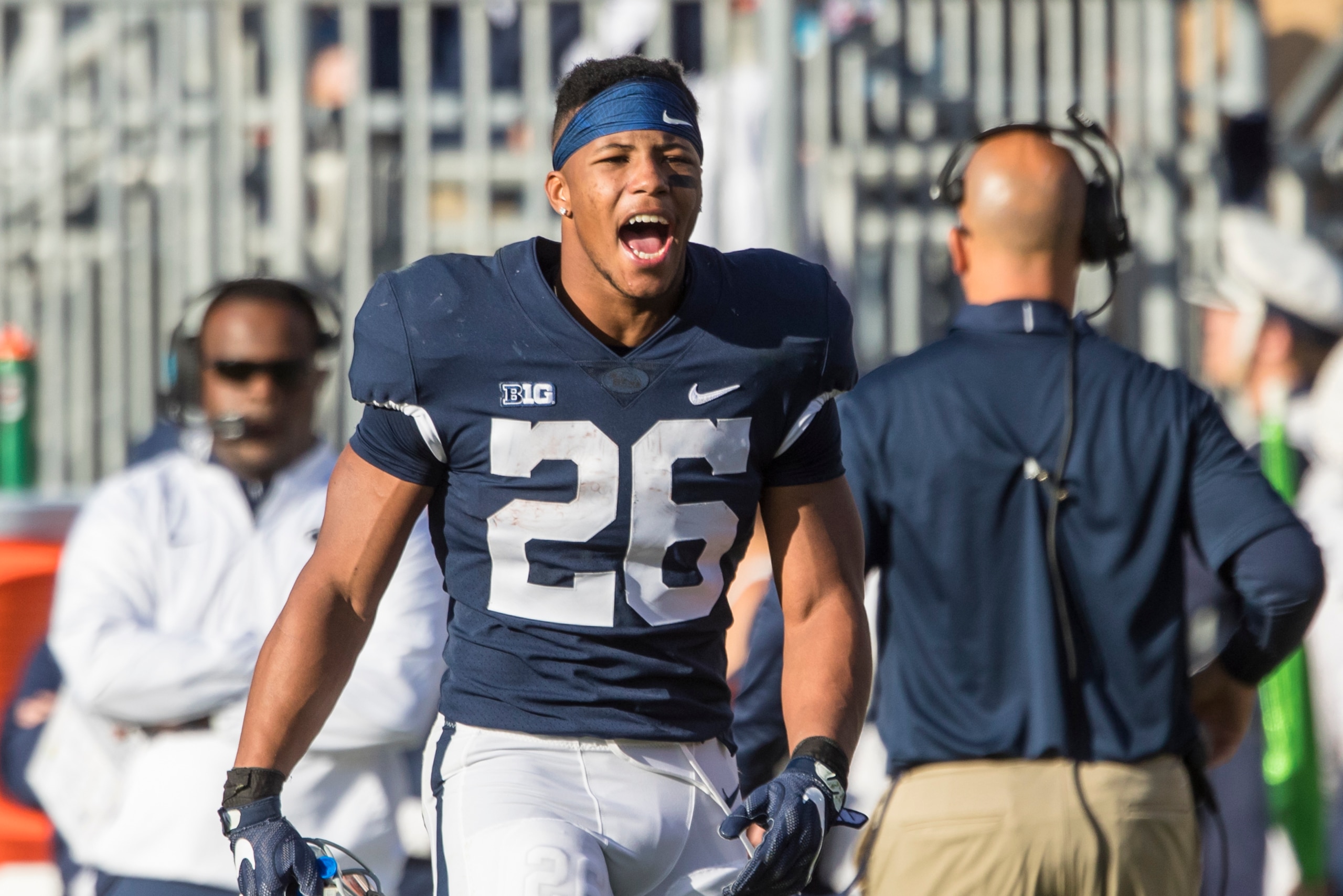 UNIVERSITY PARK, PA - SEPTEMBER 30:  Saquon Barkley #26 of the Penn State Nittany Lions yells to teammates during a stoppage in play of the game against the Indiana Hoosiers on September 30, 2017 at Beaver Stadium in University Park, Pennsylvania. Penn St
