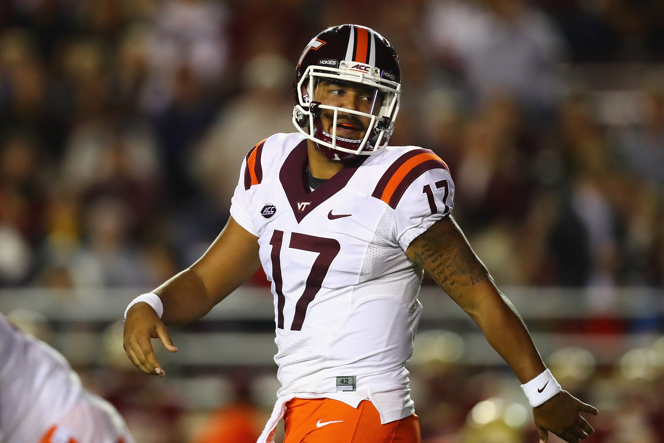 CHESTNUT HILL, MA - OCTOBER 07:  Josh Jackson #17 of the Virginia Tech Hokies reacts during the game against the Boston College Eagles at Alumni Stadium on October 7, 2017 in Chestnut Hill, Massachusetts.  (Photo by Tim Bradbury/Getty Images)