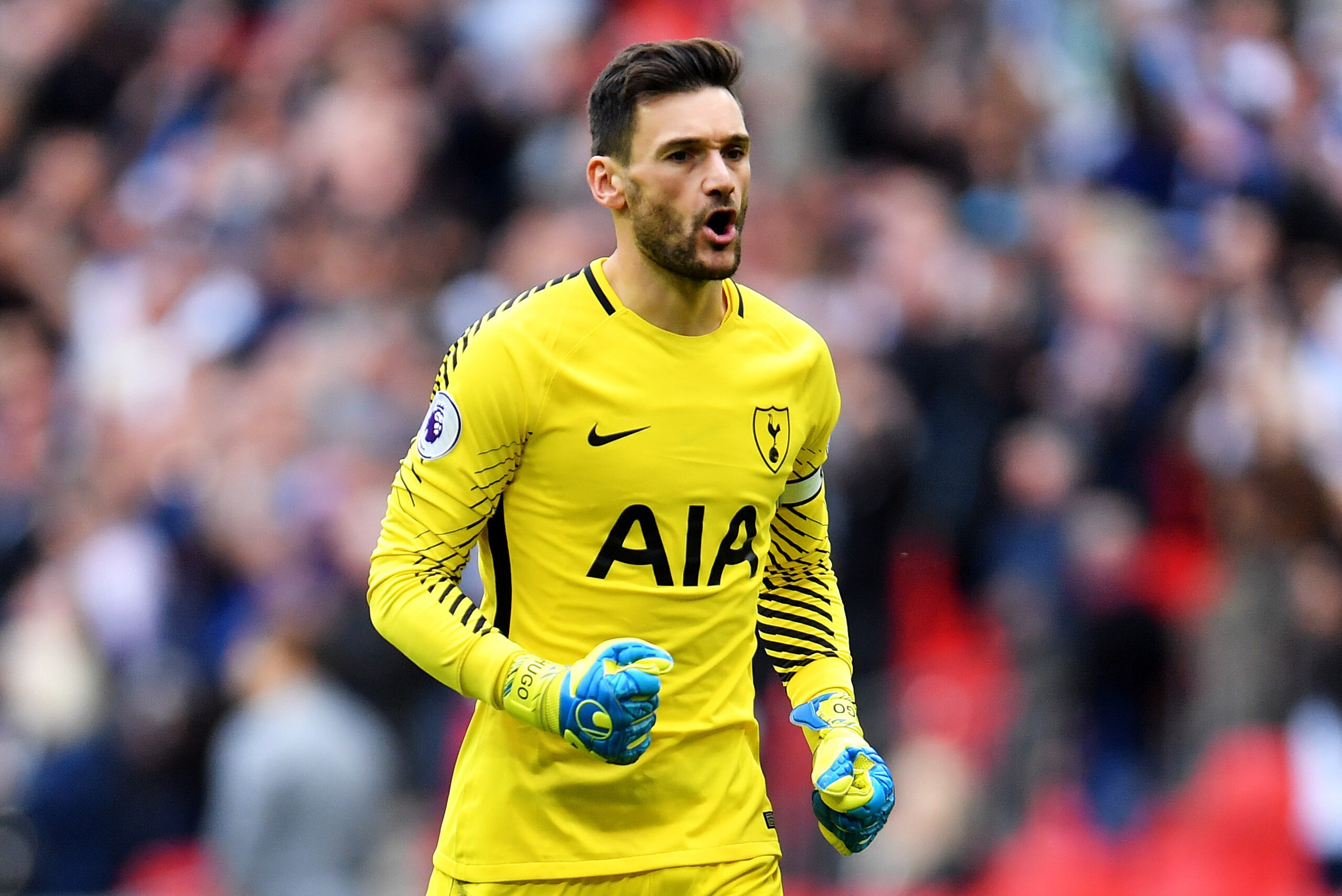 LONDON, ENGLAND - OCTOBER 14: Hugo Lloris of Tottenham Hotspur celebrates as Christian Eriksen of Tottenham Hotspur scores the first goal during the Premier League match between Tottenham Hotspur and AFC Bournemouth at Wembley Stadium on October 14, 2017 