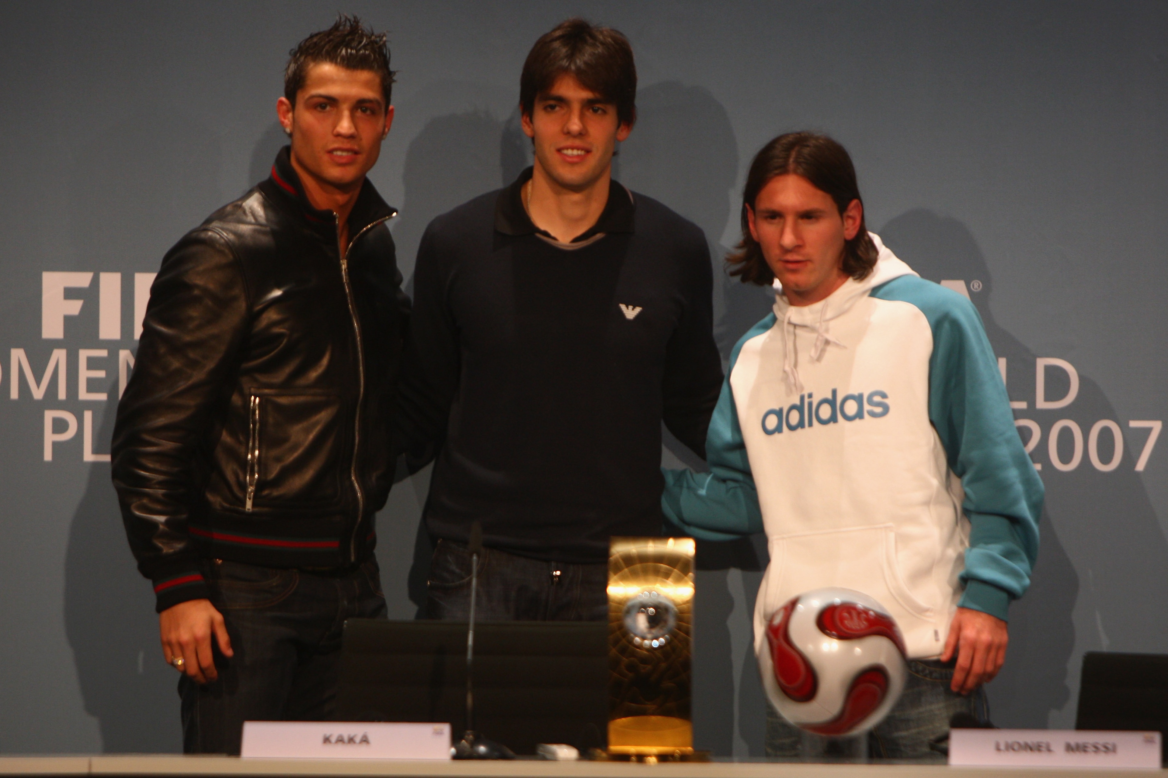 ZURICH, SWITZERLAND - DECEMBER 17:  Cristiano Ronaldo (L) of Manchester United and Portugal stands alongside Kaka (C) of AC Milan and Brazil  and Lionel Messi of Barcelona and Argentina during the FIFA World Player of The Year Gala 2007 at the Zurich Oper