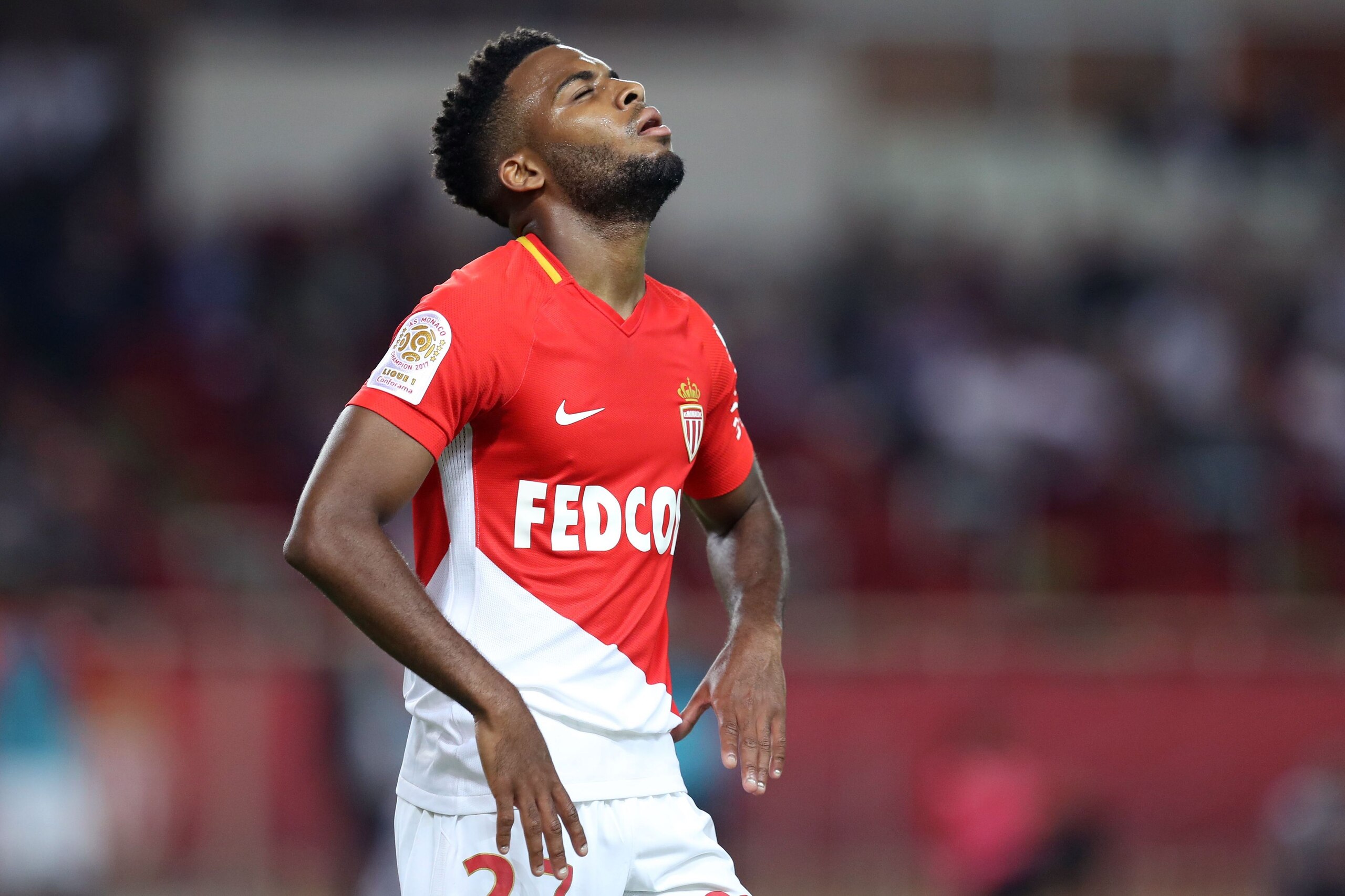 Monaco's French midfielder Thomas Lemar reacts during the French L1 football match Monaco vs Montpellier on september 29, 2017 at the 'Louis II' Stadium in Monaco. / AFP PHOTO / VALERY HACHE        (Photo credit should read VALERY HACHE/AFP/Getty Images)
