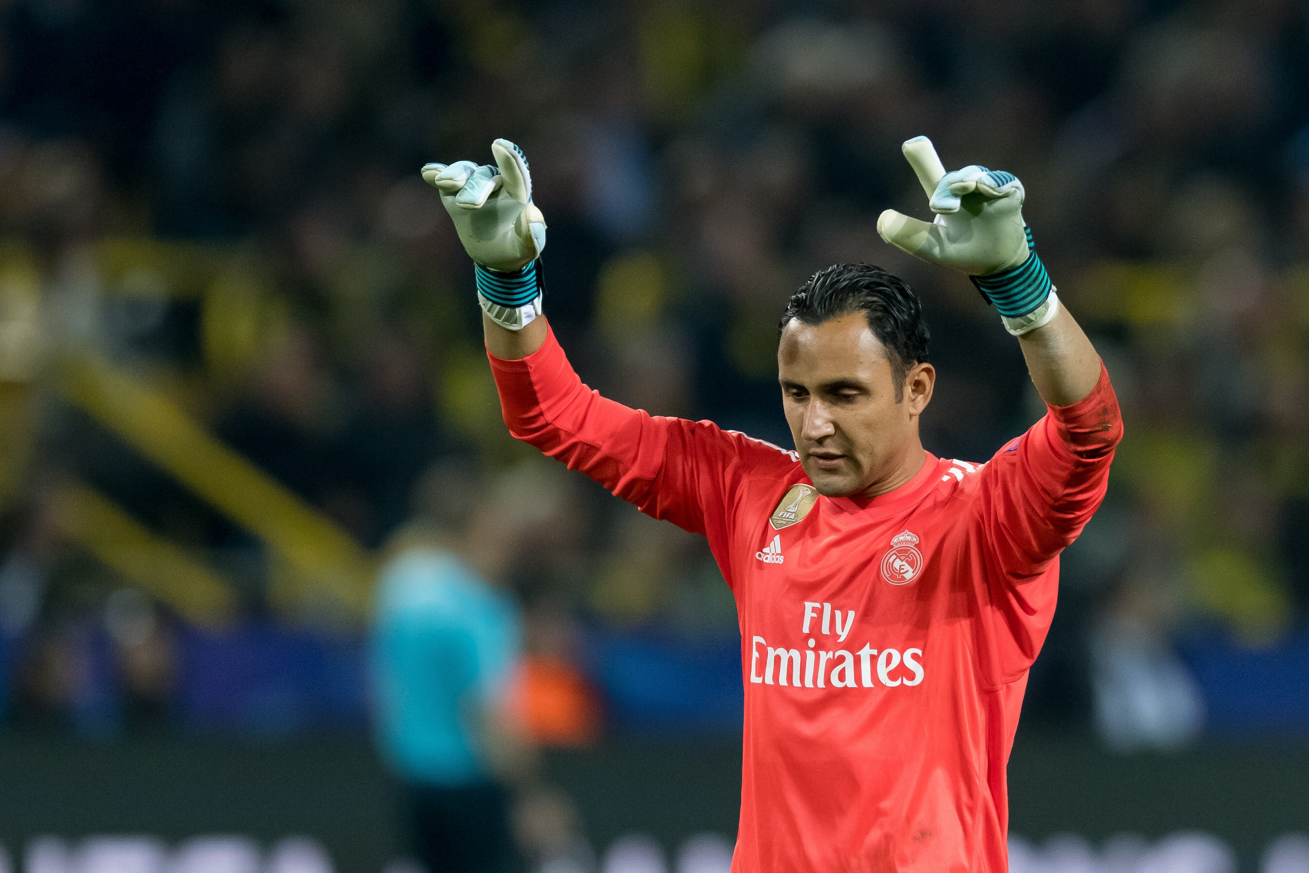DORTMUND, GERMANY - SEPTEMBER 26: Goalkeeper Keylor Navas of Real Madrid celebrate a goal during the UEFA Champions League group H match between Borussia Dortmund and Real Madrid at Signal Iduna Park on September 26, 2017 in Dortmund, Germany. (Photo by T