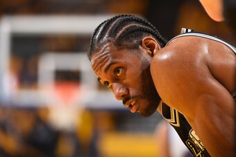 OAKLAND, CA - MAY 14: Kawhi Leonard #2 of the San Antonio Spurs looks on during the game against the Golden State Warriors in Game One of the Western Conference Finals of the 2017 NBA Playoffs on May 14, 2017 at ORACLE Arena in Oakland, California. NOTE T