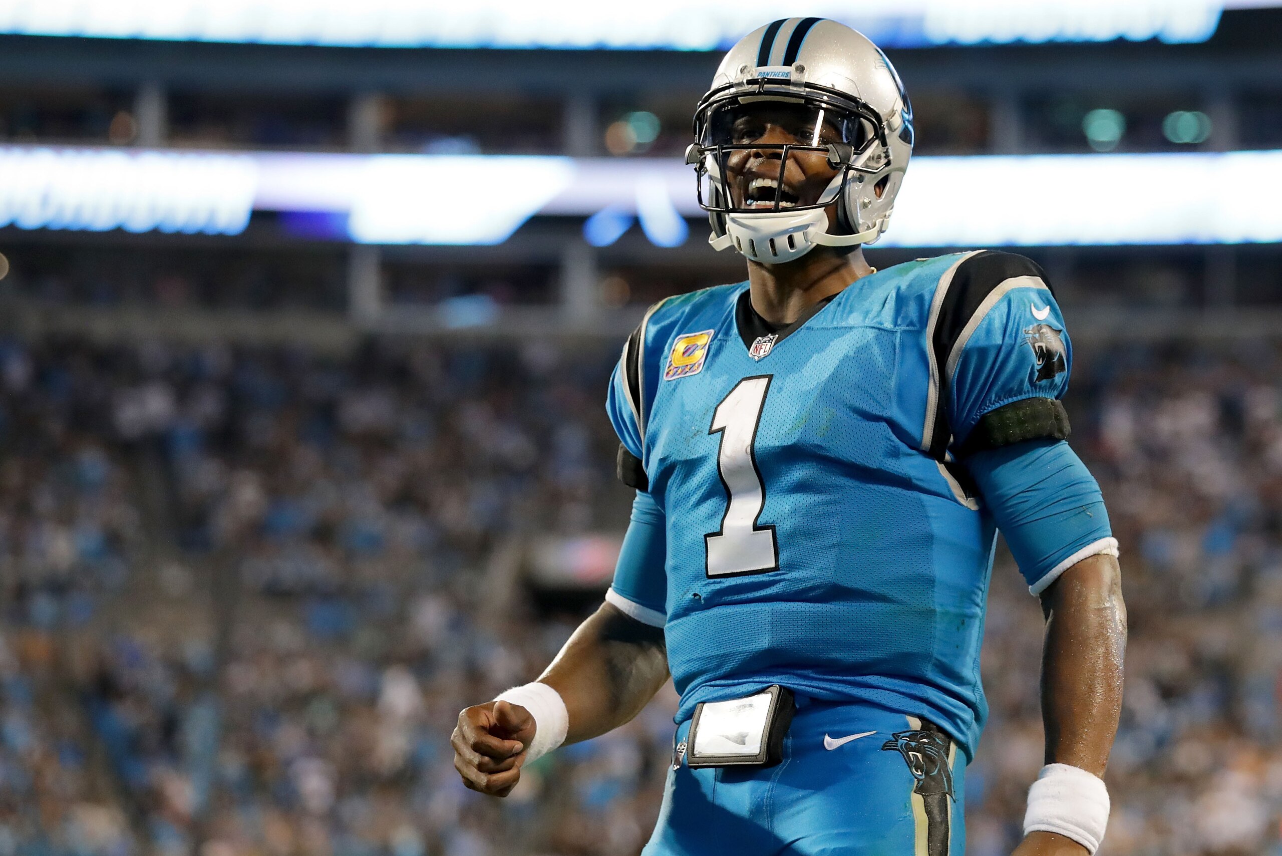 CHARLOTTE, NC - OCTOBER 12:  Cam Newton #1 of the Carolina Panthers reacts after a fourth quarter touchdown against the Philadelphia Eagles during their game at Bank of America Stadium on October 12, 2017 in Charlotte, North Carolina.  (Photo by Streeter 