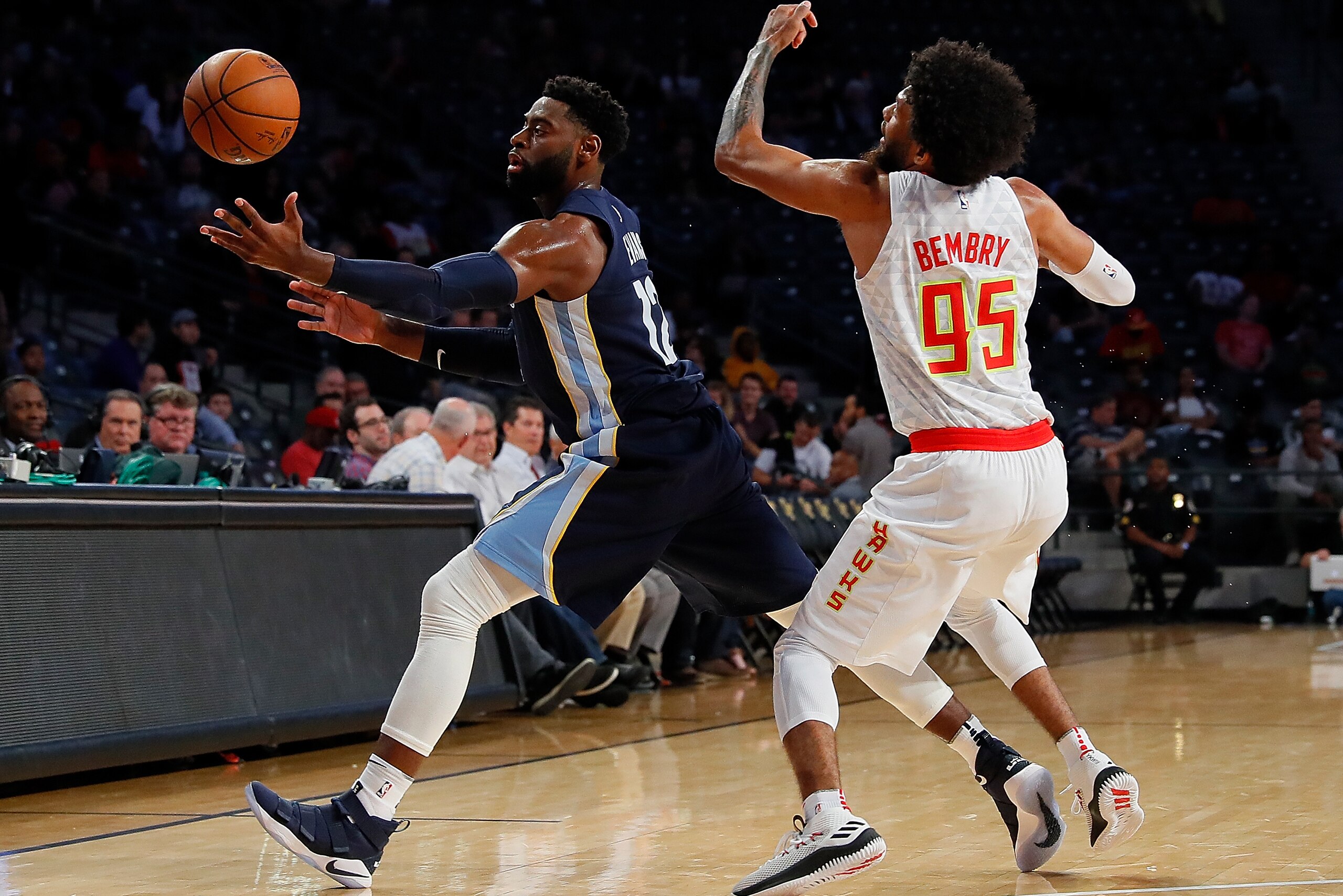 ATLANTA, GA - OCTOBER 09:  Tyreke Evans #12 of the Memphis Grizzlies has the ball knocked out away by DeAndre' Bembry #95 of the Atlanta Hawks at McCamish Pavilion on October 9, 2017 in Atlanta, Georgia.  NOTE TO USER: User expressly acknowledges and agre