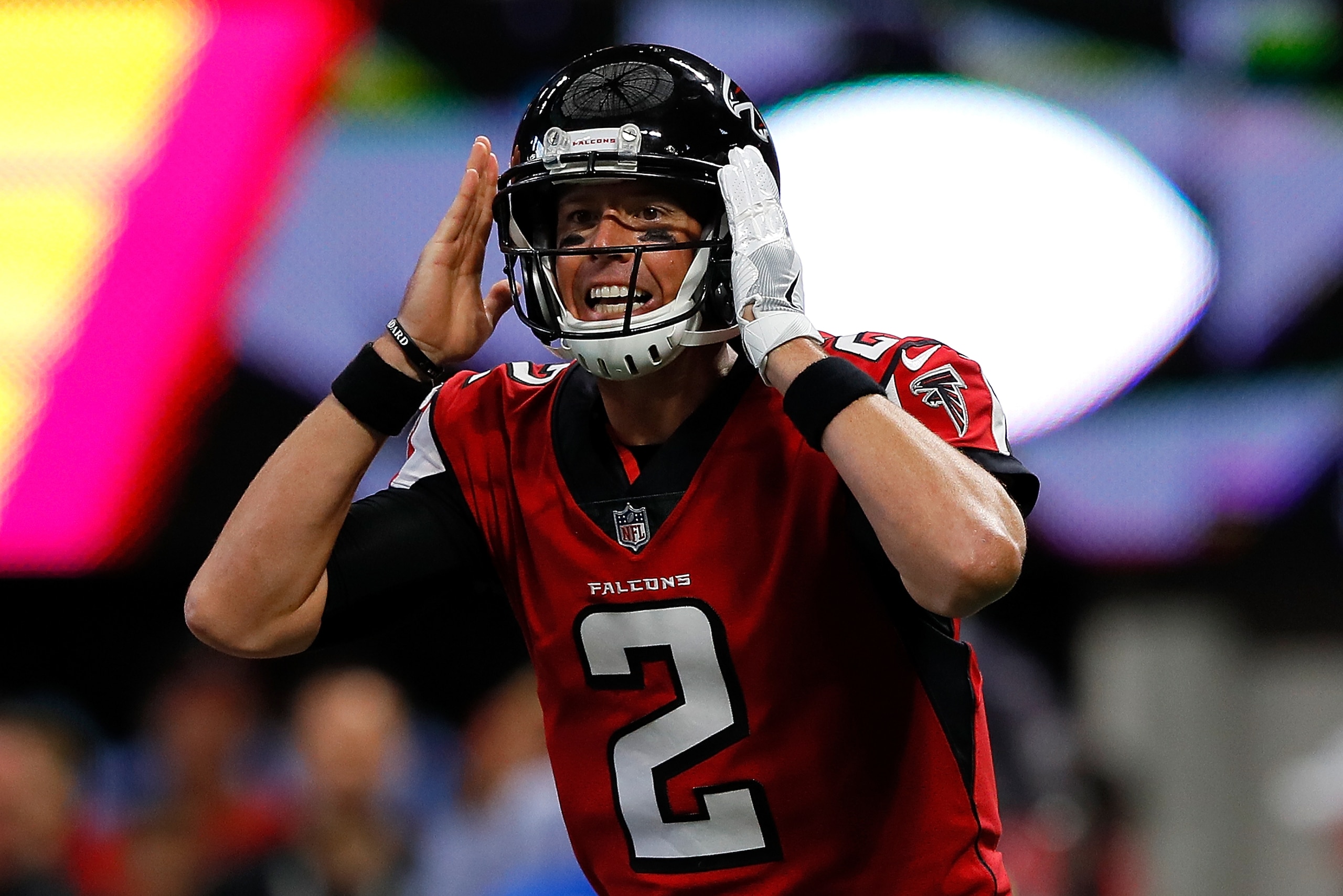 ATLANTA, GA - OCTOBER 15:  Matt Ryan #2 of the Atlanta Falcons calls out to his offense against the Miami Dolphins at Mercedes-Benz Stadium on October 15, 2017 in Atlanta, Georgia.  (Photo by Kevin C. Cox/Getty Images)