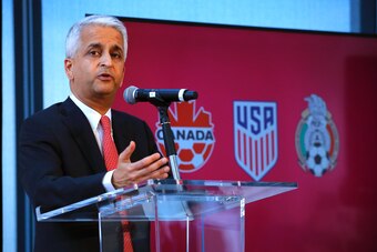Sunil Gulati President of United States Soccer Federation attends a press conference on April 10, 2017 at the One World Trade Center in New York.
The United States, Mexico and Canada announced a joint bid to stage the 2026 World Cup on Monday, aiming to b