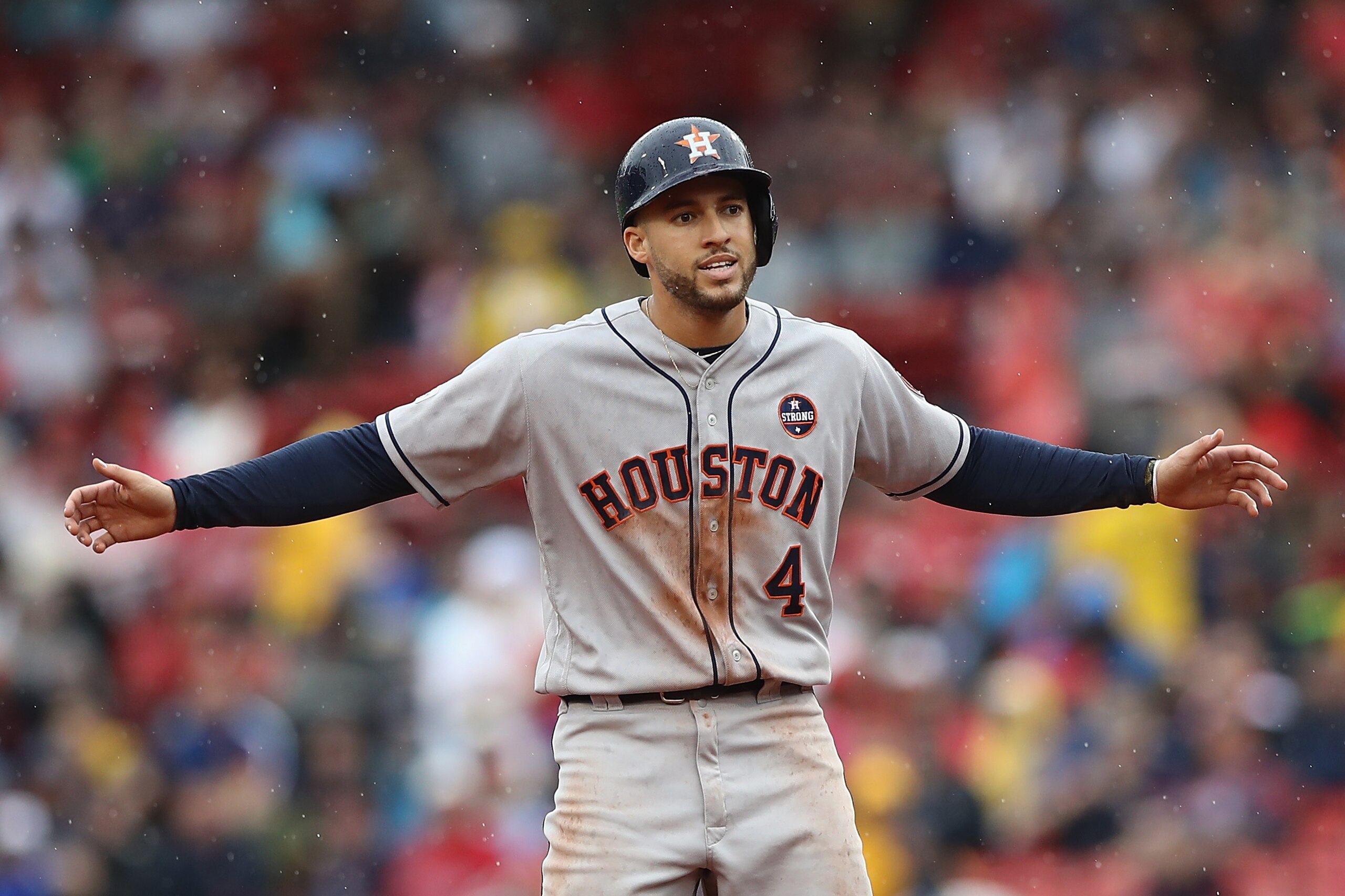BOSTON, MA - OCTOBER 09:  George Springer #4 of the Houston Astros reacts on second base in the second inning against the Boston Red Sox during game four of the American League Division Series at Fenway Park on October 9, 2017 in Boston, Massachusetts.  (