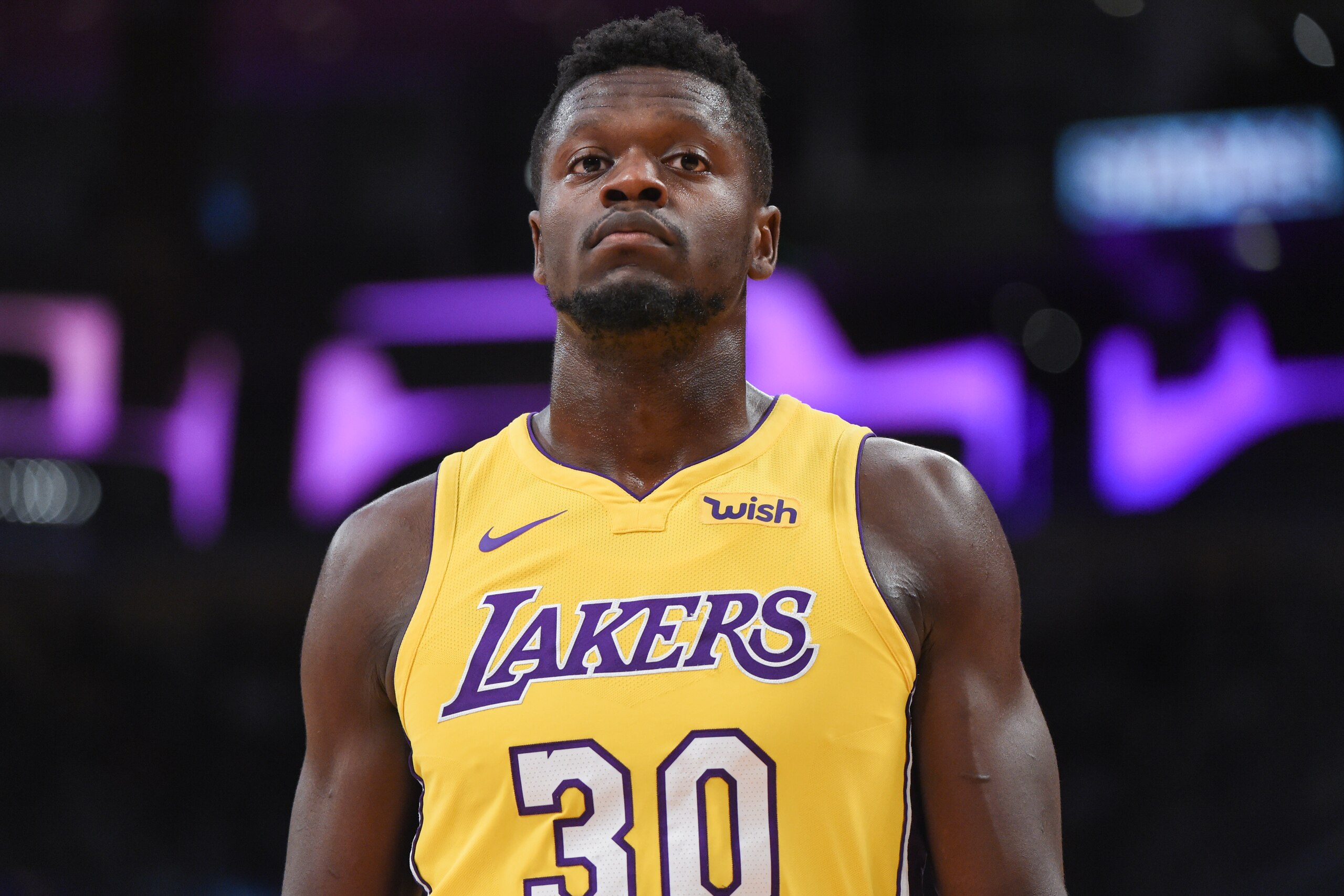 LOS ANGELES, CA - OCTOBER 10:  Julius Randle #30 of the Los Angeles Lakers looks on during the preseason game against the Utah Jazz on October 10, 2017 at STAPLES Center in Los Angeles, California. NOTE TO USER: User expressly acknowledges and agrees that