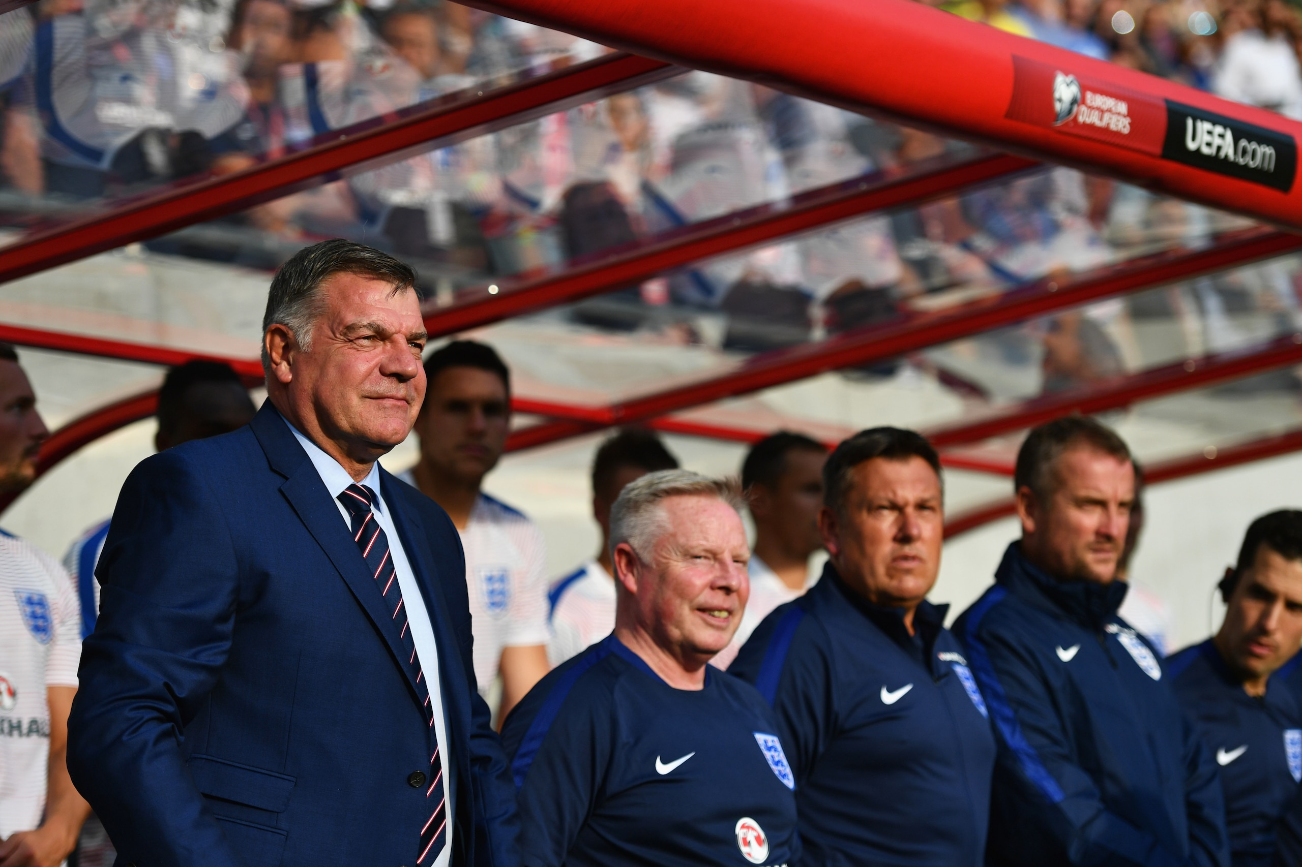 TRNAVA, SLOVAKIA - SEPTEMBER 04:  (L-R) Sam Allardyce manager of England, Sammy Lee assistant manager of England, Craig Shakespeare coach of England and Martyn Margetson goalkeeping coach of England look on prior to the 2018 FIFA World Cup Group F qualify