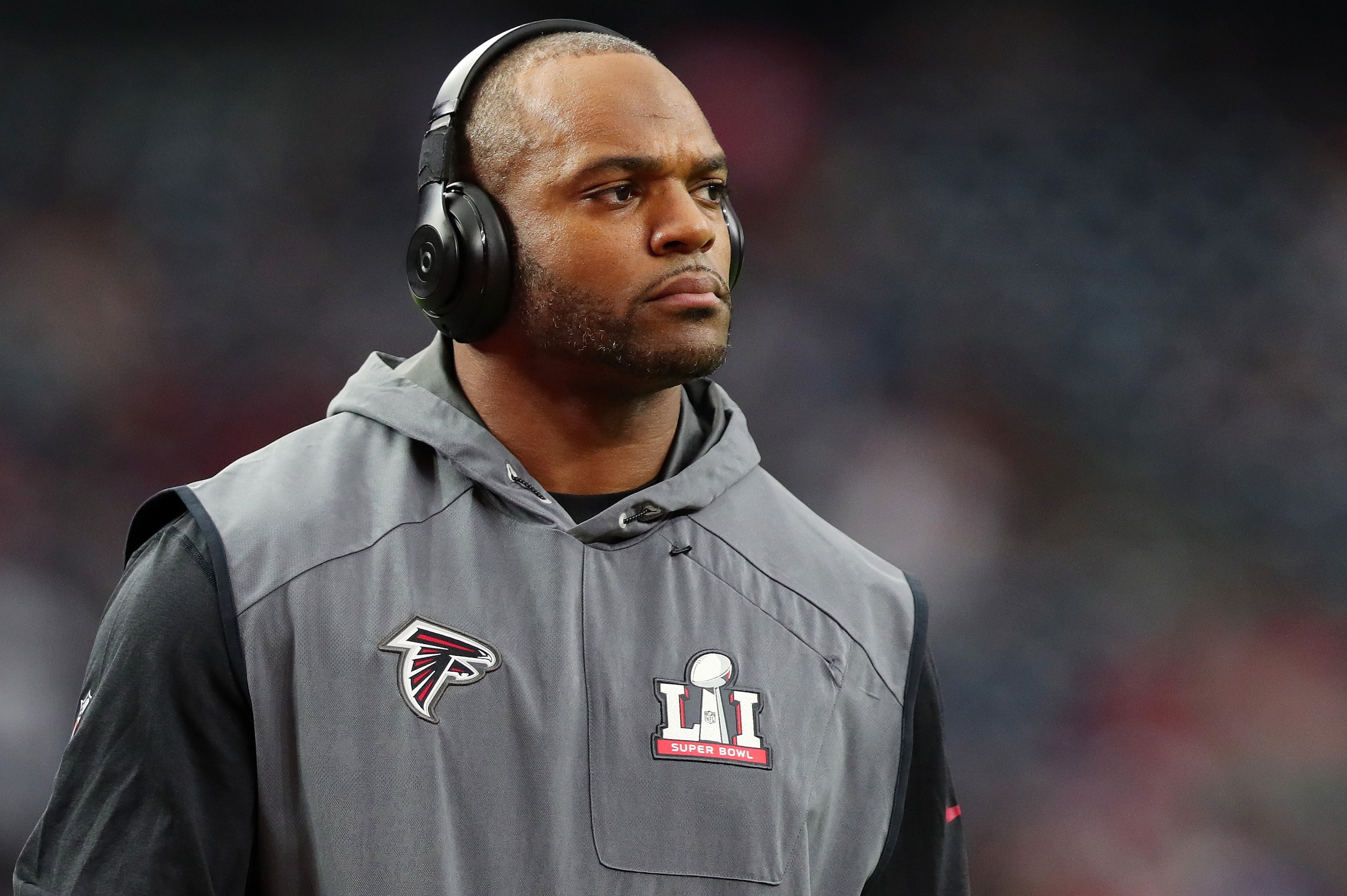 HOUSTON, TX - FEBRUARY 05:  Dwight Freeney #93 of the Atlanta Falcons looks on prior to Super Bowl 51 against the New England Patriots at NRG Stadium on February 5, 2017 in Houston, Texas.  (Photo by Tom Pennington/Getty Images)