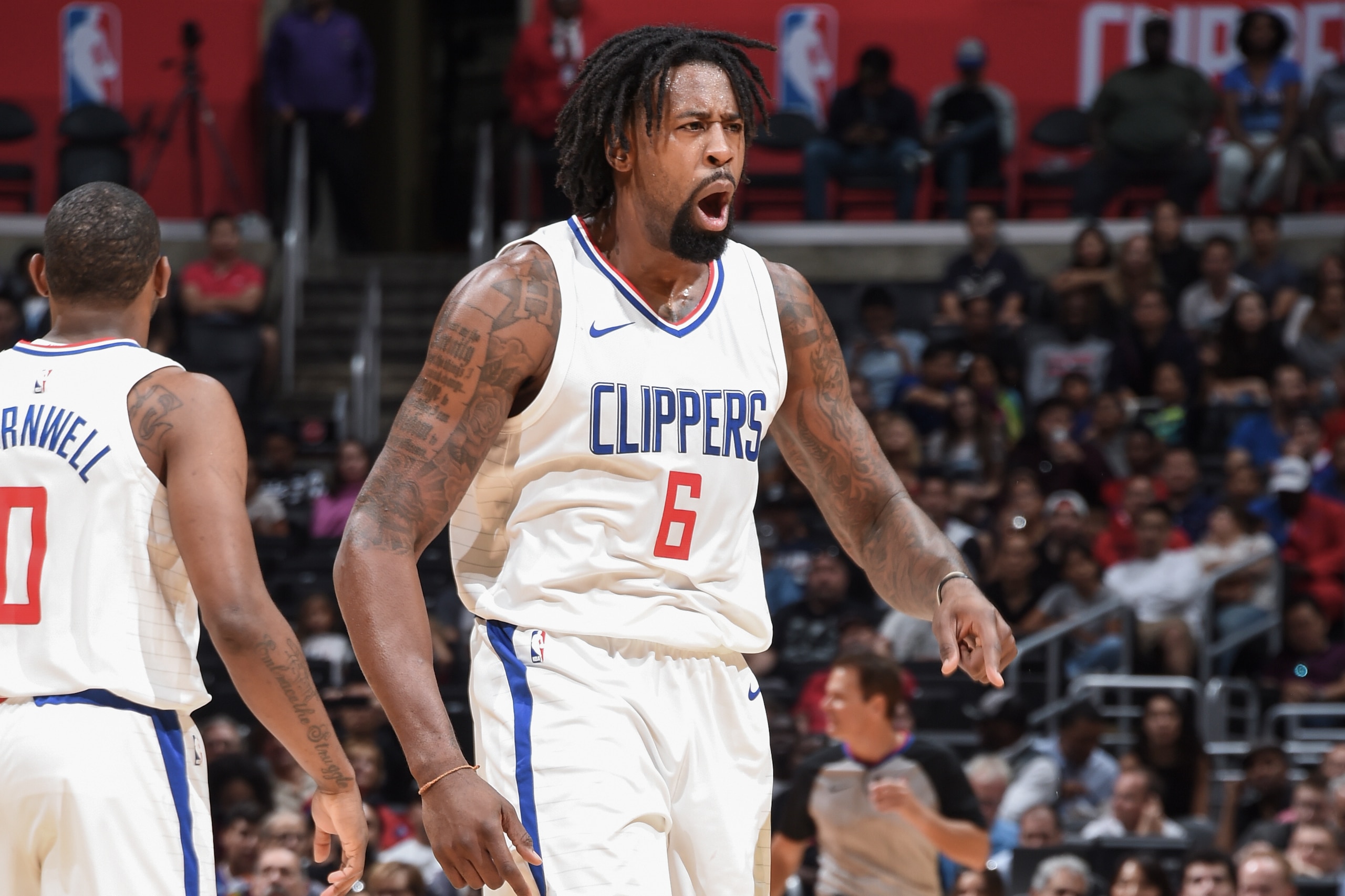 LOS ANGELES, CA - OCTOBER 8: DeAndre Jordan #6 of the LA Clippers reacts during the 2017 NBA Pre-Season game against the Portland Trail Blazers on October 8, 2017 at STAPLES Center in Los Angeles, California.  NOTE TO USER: User expressly acknowledges and