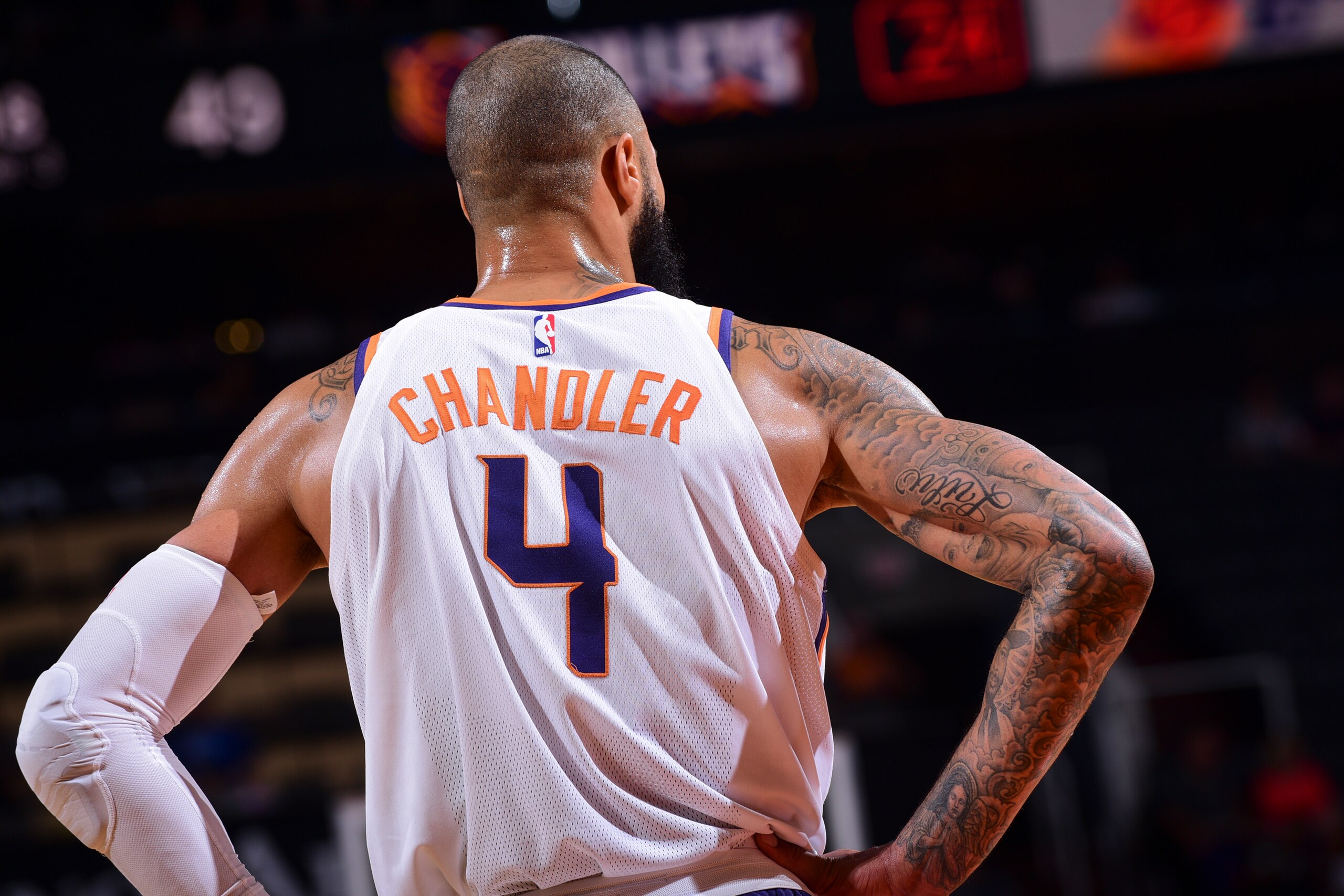 PHOENIX, AZ - OCTOBER 13:  Tyson Chandler #4 of the Phoenix Suns looks on during the preseason game against the Brisbane Bullets on October 13, 2017 at Talking Stick Resort Arena in Phoenix, Arizona. NOTE TO USER: User expressly acknowledges and agrees th