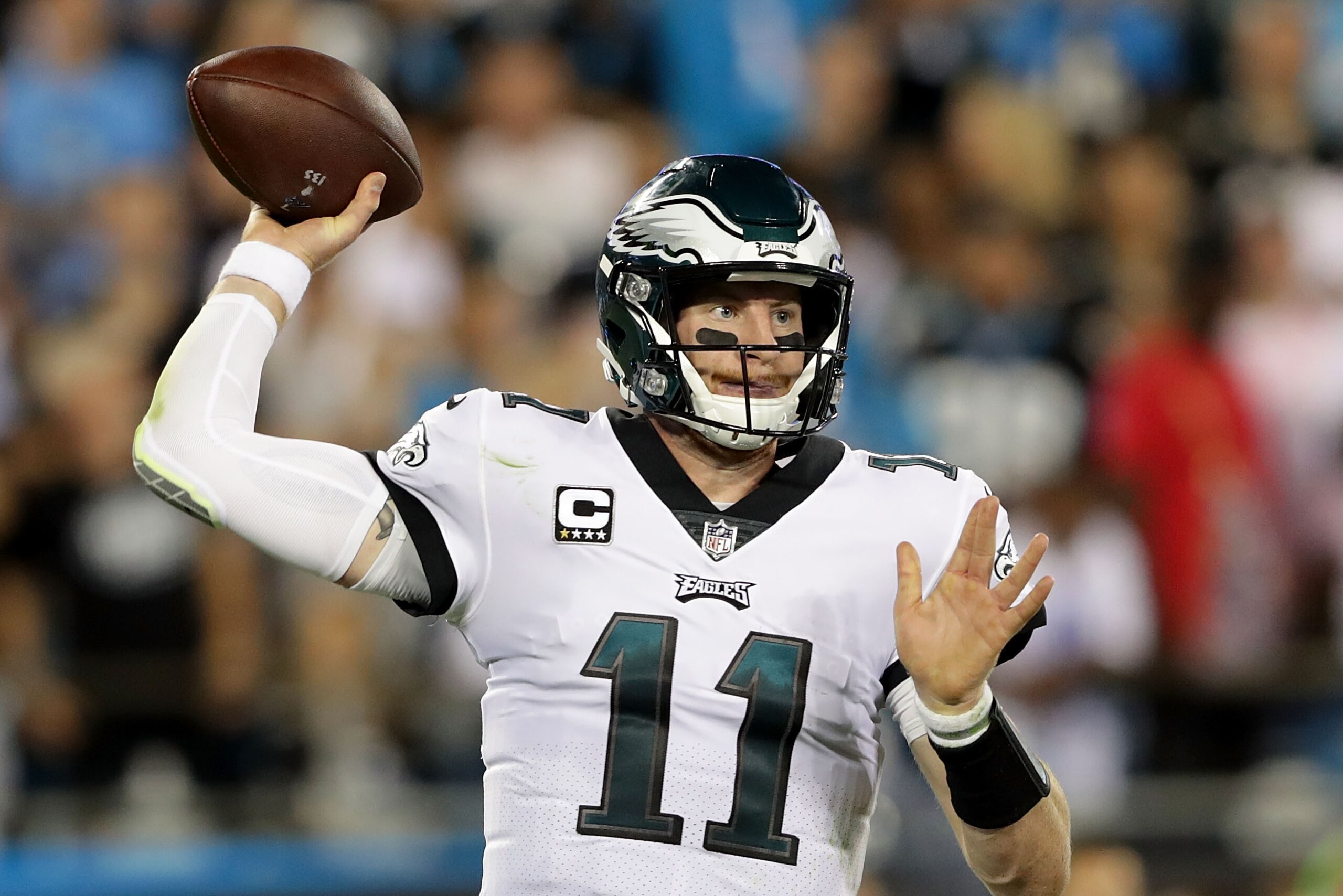 CHARLOTTE, NC - OCTOBER 12:  Carson Wentz #11 of the Philadelphia Eagles throws a pass against the Carolina Panthers in the second half during their game at Bank of America Stadium on October 12, 2017 in Charlotte, North Carolina.  (Photo by Streeter Leck