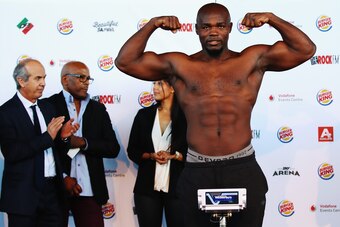 AUCKLAND, NEW ZEALAND - MAY 20:  Carlos Takam weighs in during the weigh in at Vodafone Events Centre, Manukau on May 20, 2016 in Auckland, New Zealand. Takam will fight Joseph Parker on Saturday night.  (Photo by Hannah Peters/Getty Images)