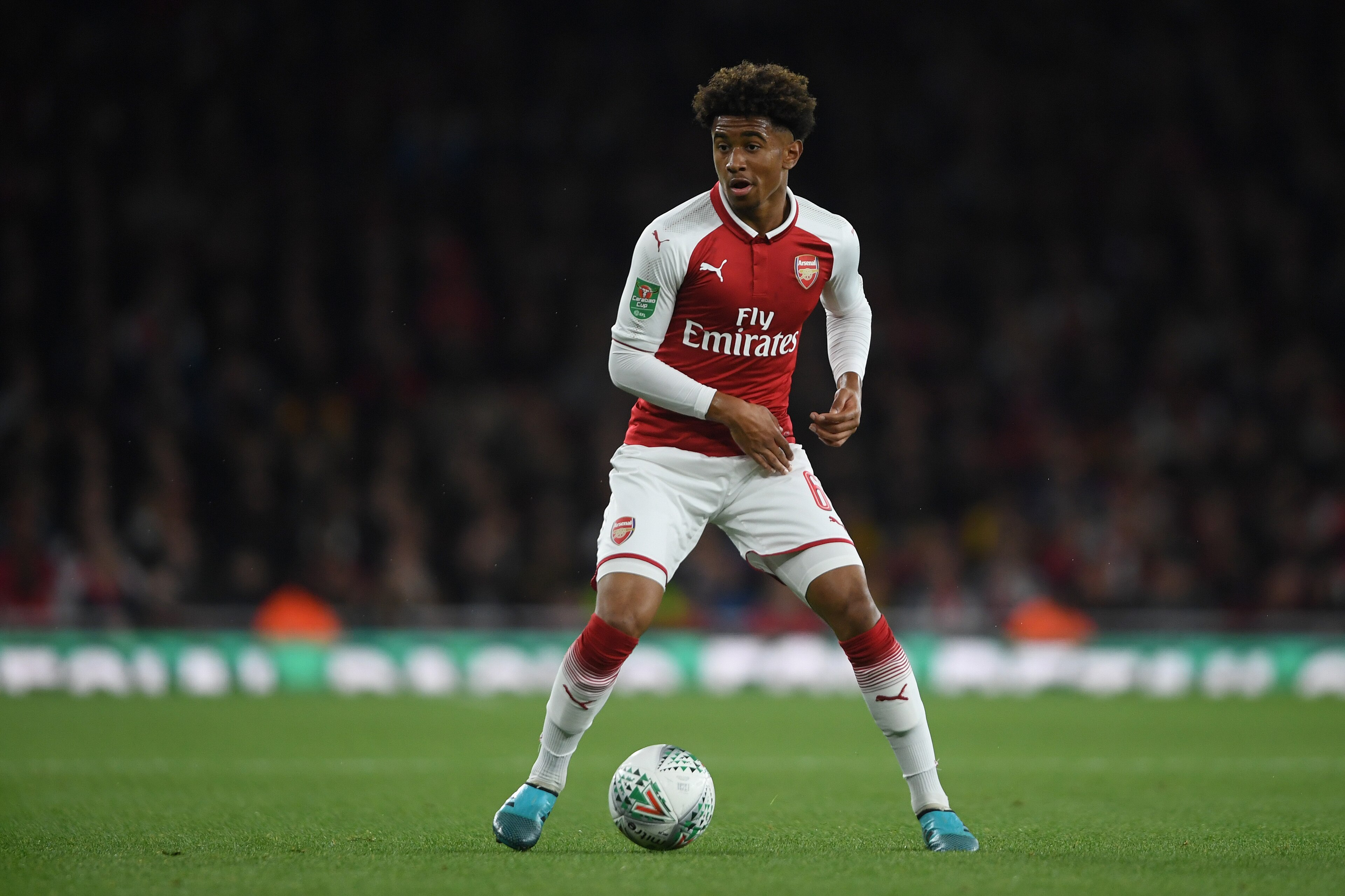 LONDON, ENGLAND - SEPTEMBER 20:  Reiss Nelson of Arsenal in action during the Carabao Cup Third Round match between Arsenal and Doncaster Rovers at Emirates Stadium on September 20, 2017 in London, England.  (Photo by Mike Hewitt/Getty Images)