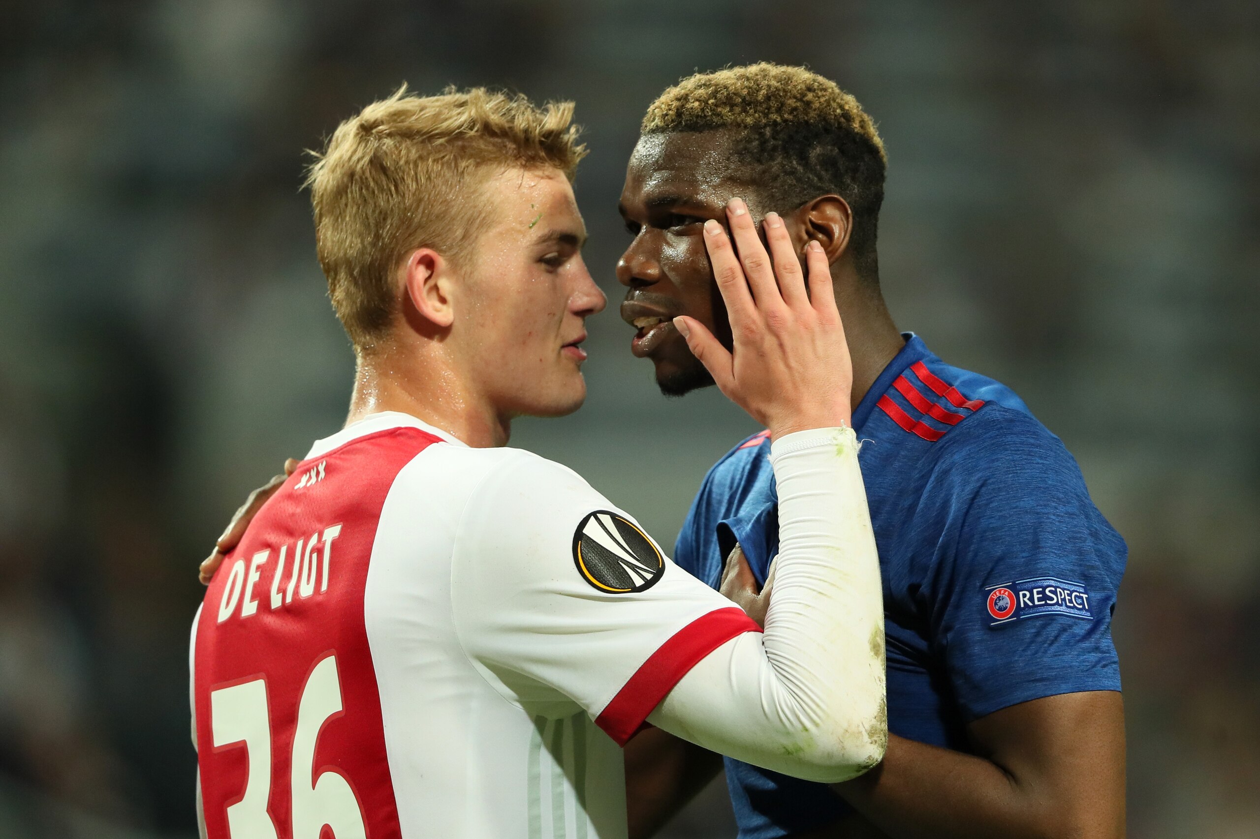 STOCKHOLM, SWEDEN - MAY 24:  Paul Pogba of Manchester United clashes with Matthijs de Ligt of Ajax during the UEFA Europa League Final between Ajax and Manchester United at Friends Arena on May 24, 2017 in Stockholm, Sweden.  (Photo by Matthew Ashton - AM