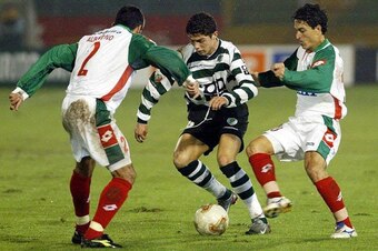 Cristiano Ronaldo (centre) playing for Sporting Lisbon against Maritimo and his old friend Joel Santos (right) at Estadio Jose Alvalade during the 2002/03 season.