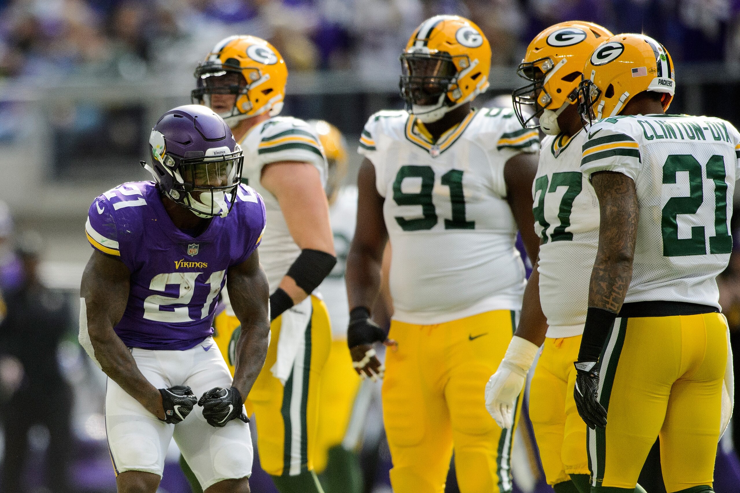 MINNEAPOLIS, MN - OCTOBER 15: Jerick McKinnon #21 of the Minnesota Vikings celebrates a carry against the Green Bay Packers during the game on October 15, 2017 at US Bank Stadium in Minneapolis, Minnesota. (Photo by Hannah Foslien/Getty Images)
