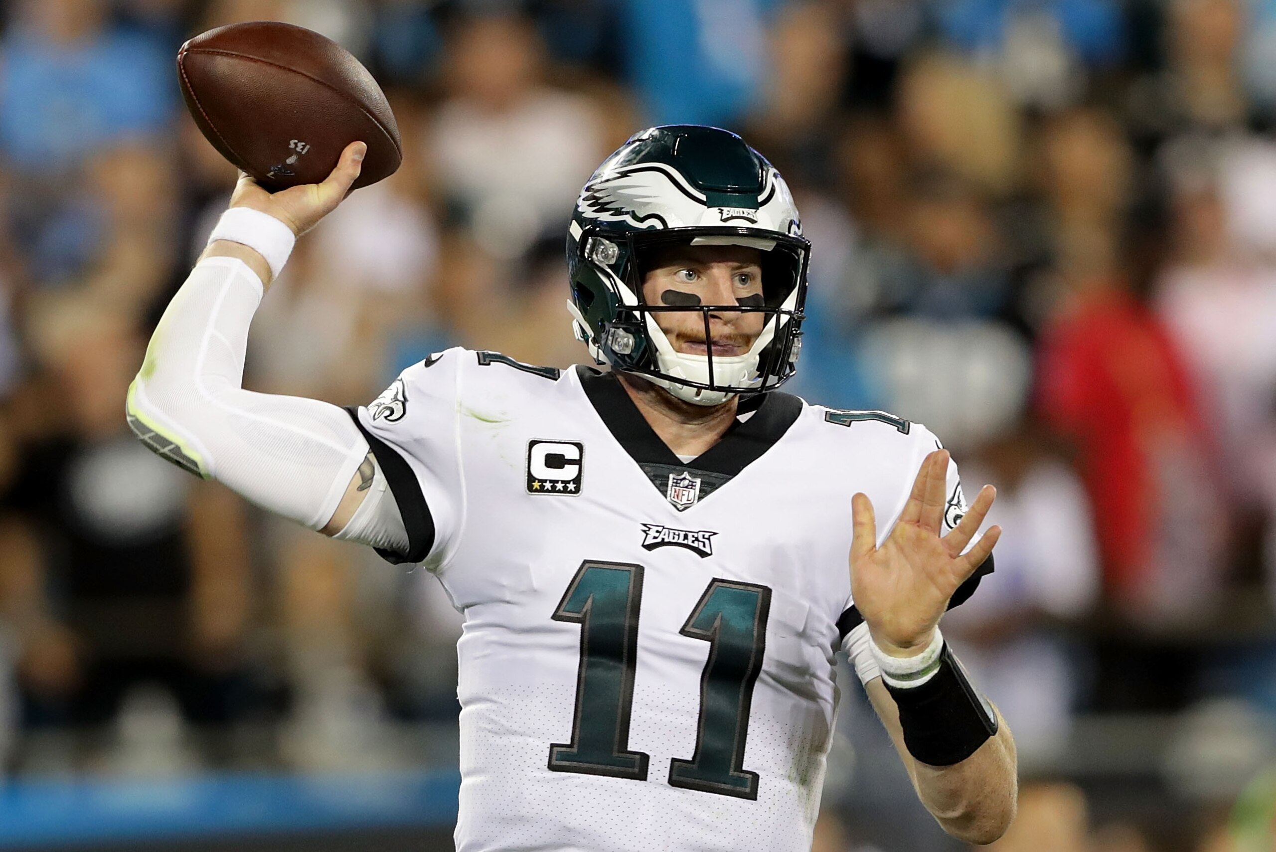 CHARLOTTE, NC - OCTOBER 12:  Carson Wentz #11 of the Philadelphia Eagles throws a pass against the Carolina Panthers in the second half during their game at Bank of America Stadium on October 12, 2017 in Charlotte, North Carolina.  (Photo by Streeter Leck