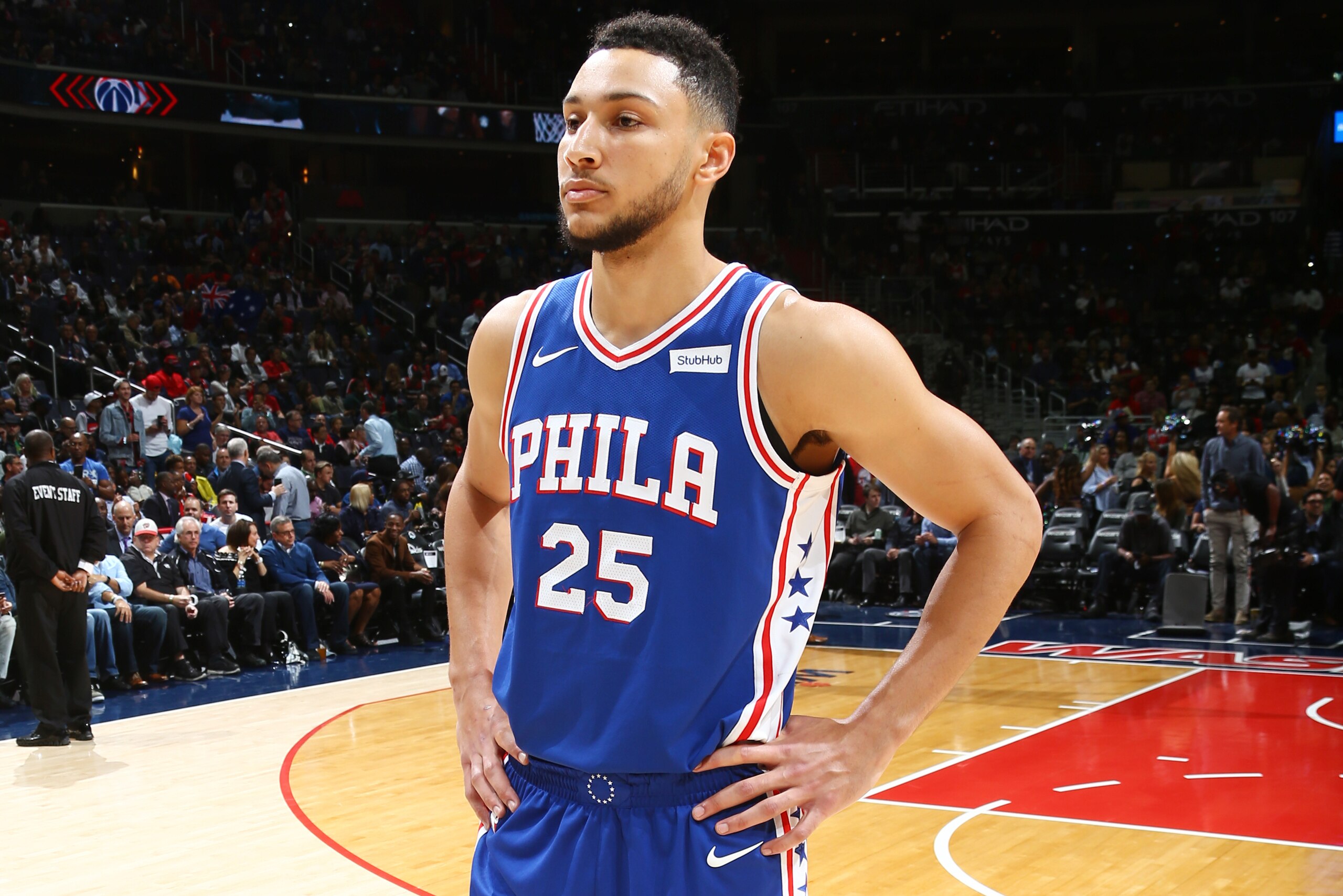 WASHINGTON, DC -  OCTOBER 18:  Ben Simmons #25 of the Philadelphia 76ers looks on during the 2017-18 regular season game against the Washington Wizards on October 18, 2017 at Capital One Arena in Washington, DC. NOTE TO USER: User expressly acknowledges a
