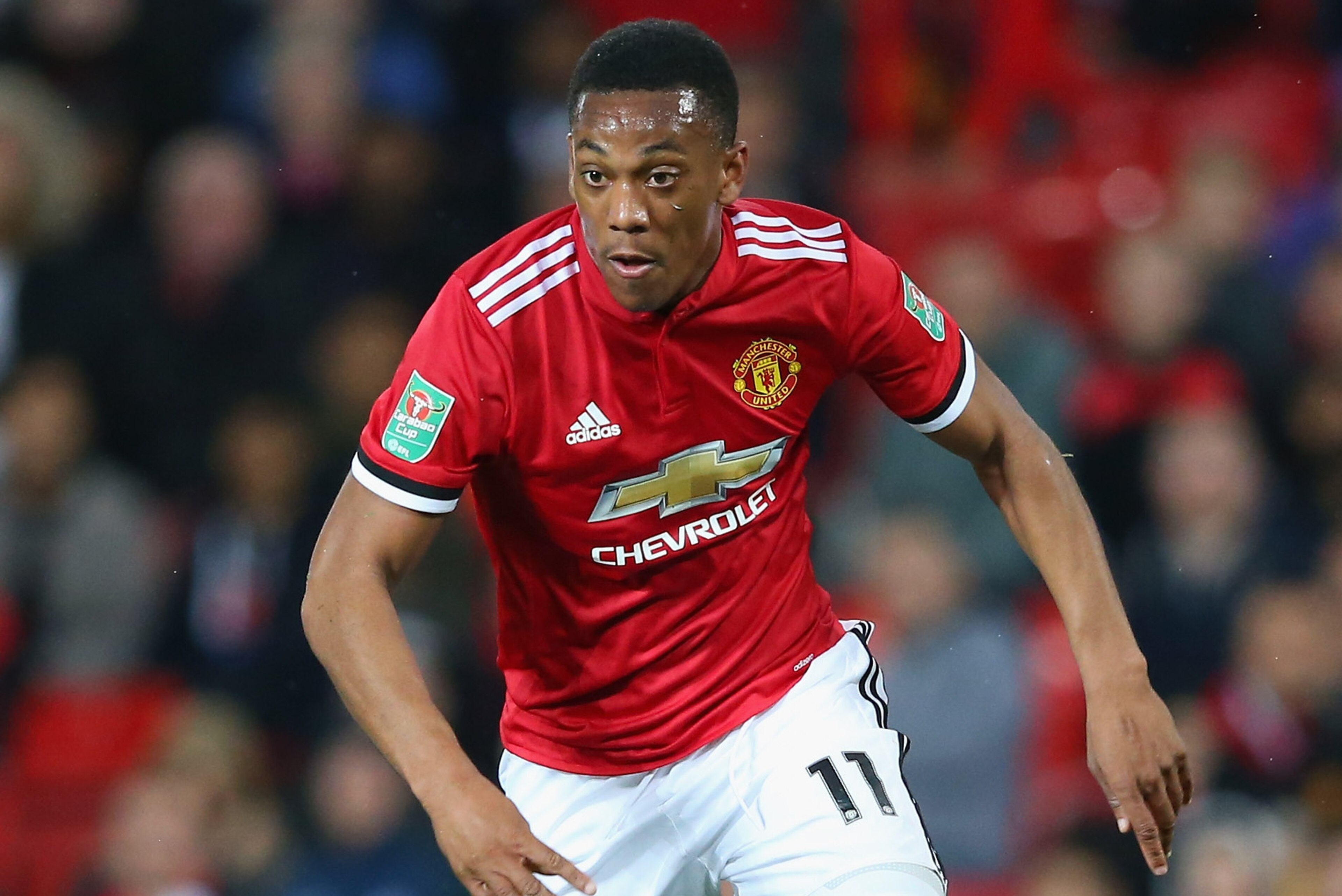 MANCHESTER, ENGLAND - SEPTEMBER 20:  Anthony Martial of Manchester United during the Carabao Cup Third Round match between Manchester United and Burton Albion at Old Trafford on September 20, 2017 in Manchester, England.  (Photo by Alex Livesey/Getty Imag