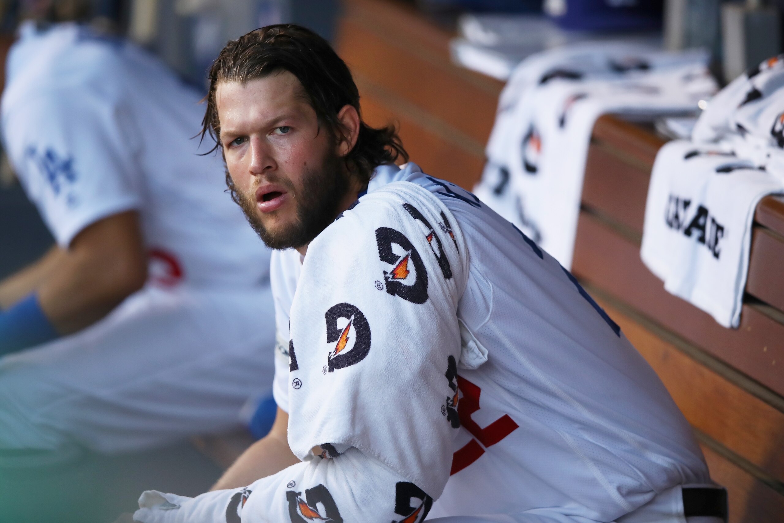 LOS ANGELES, CA - OCTOBER 14:  Clayton Kershaw #22 of the Los Angeles Dodgers sits in the dugout between innings of the National League Division Series against the Chicago Cubs at Dodger Stadium on October 14, 2017 in Los Angeles, California.  (Photo by E