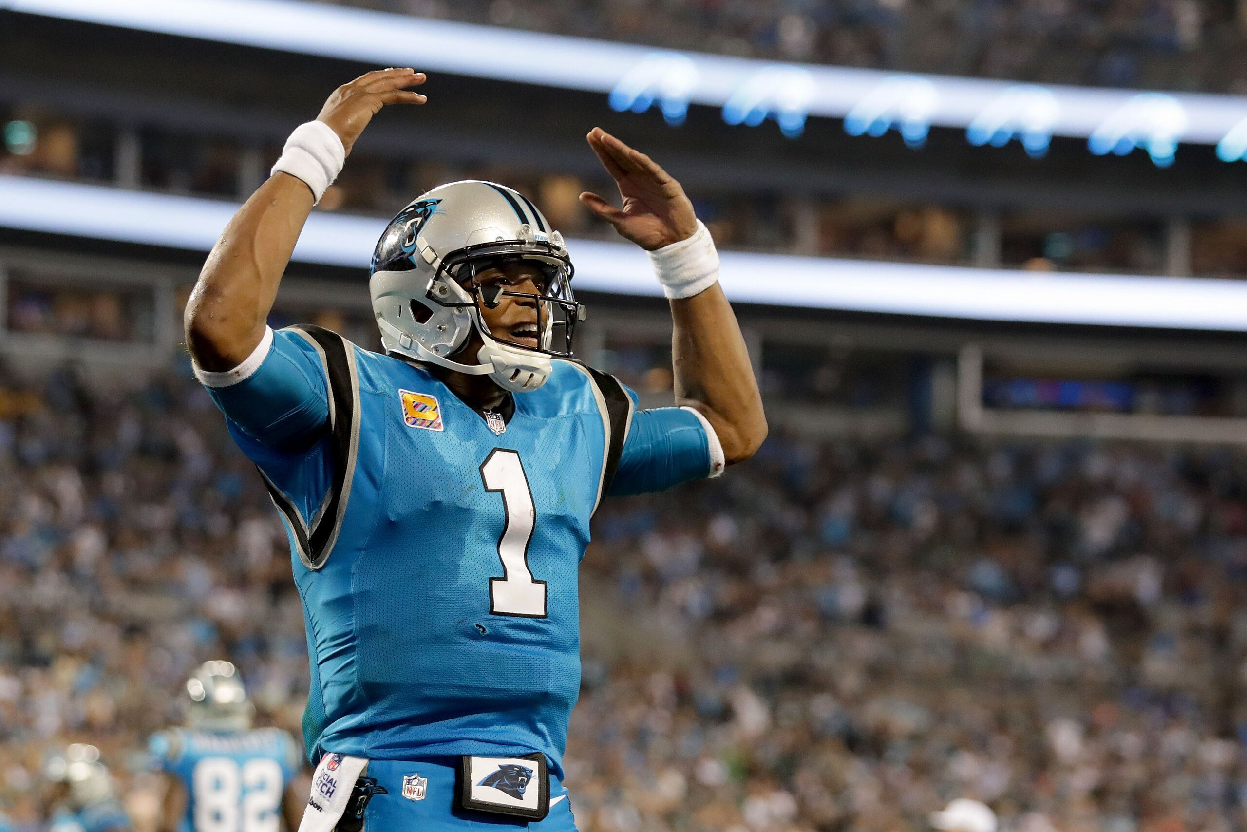 CHARLOTTE, NC - OCTOBER 12:  Cam Newton #1 of the Carolina Panthers reacts after a fourth quarter touchdown against the Philadelphia Eagles during their game at Bank of America Stadium on October 12, 2017 in Charlotte, North Carolina.  (Photo by Streeter 