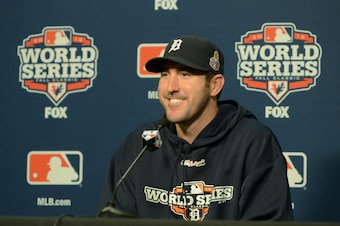 DETROIT, MI - OCTOBER 28: Justin Verlander #35 of the Detroit Tigers talks to the media during the press conference prior to Game Four of the World Series against the San Francisco Giants at Comerica Park on October 28, 2012 in Detroit, Michigan. The Gian