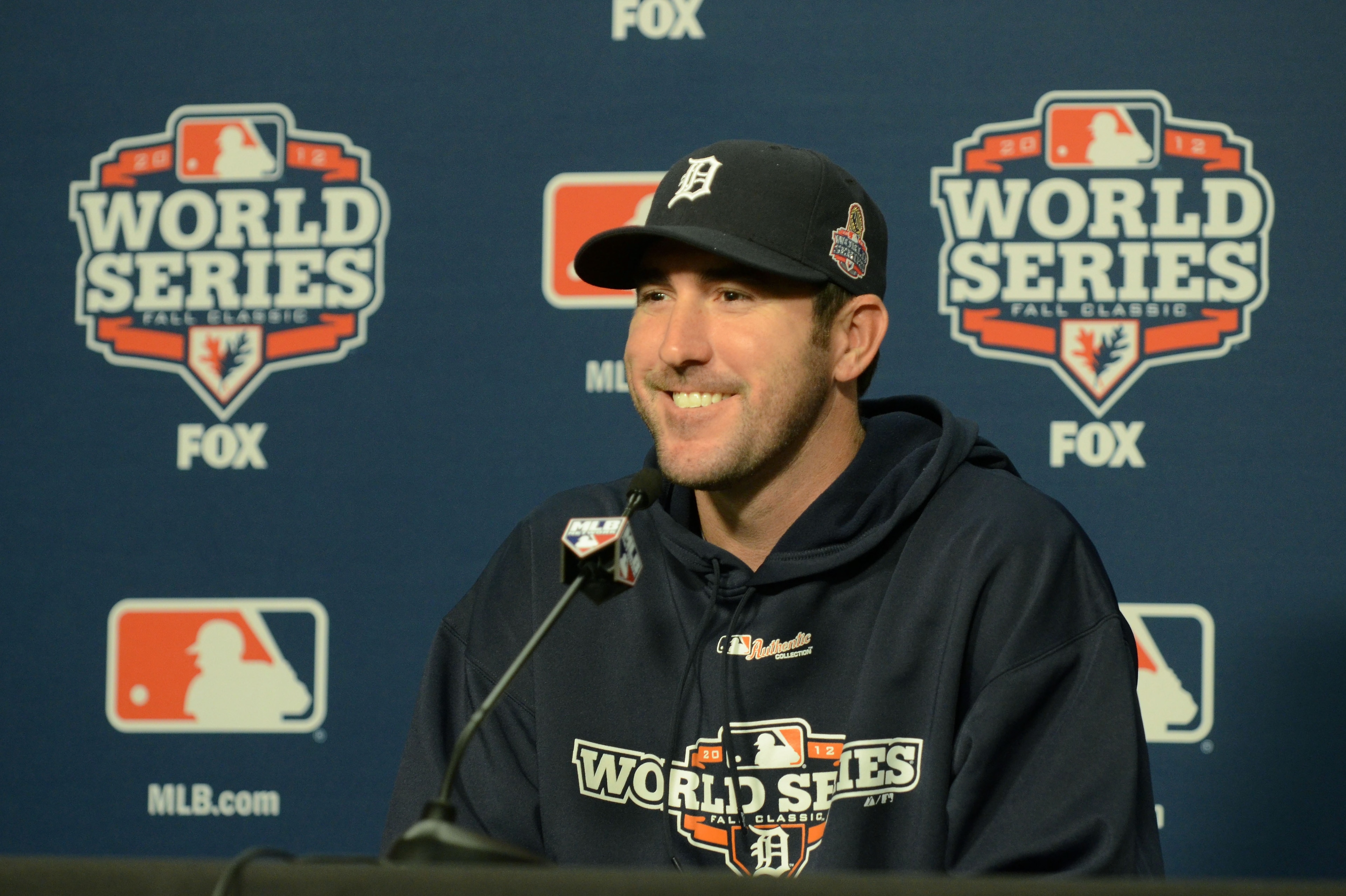 DETROIT, MI - OCTOBER 28: Justin Verlander #35 of the Detroit Tigers talks to the media during the press conference prior to Game Four of the World Series against the San Francisco Giants at Comerica Park on October 28, 2012 in Detroit, Michigan. The Gian