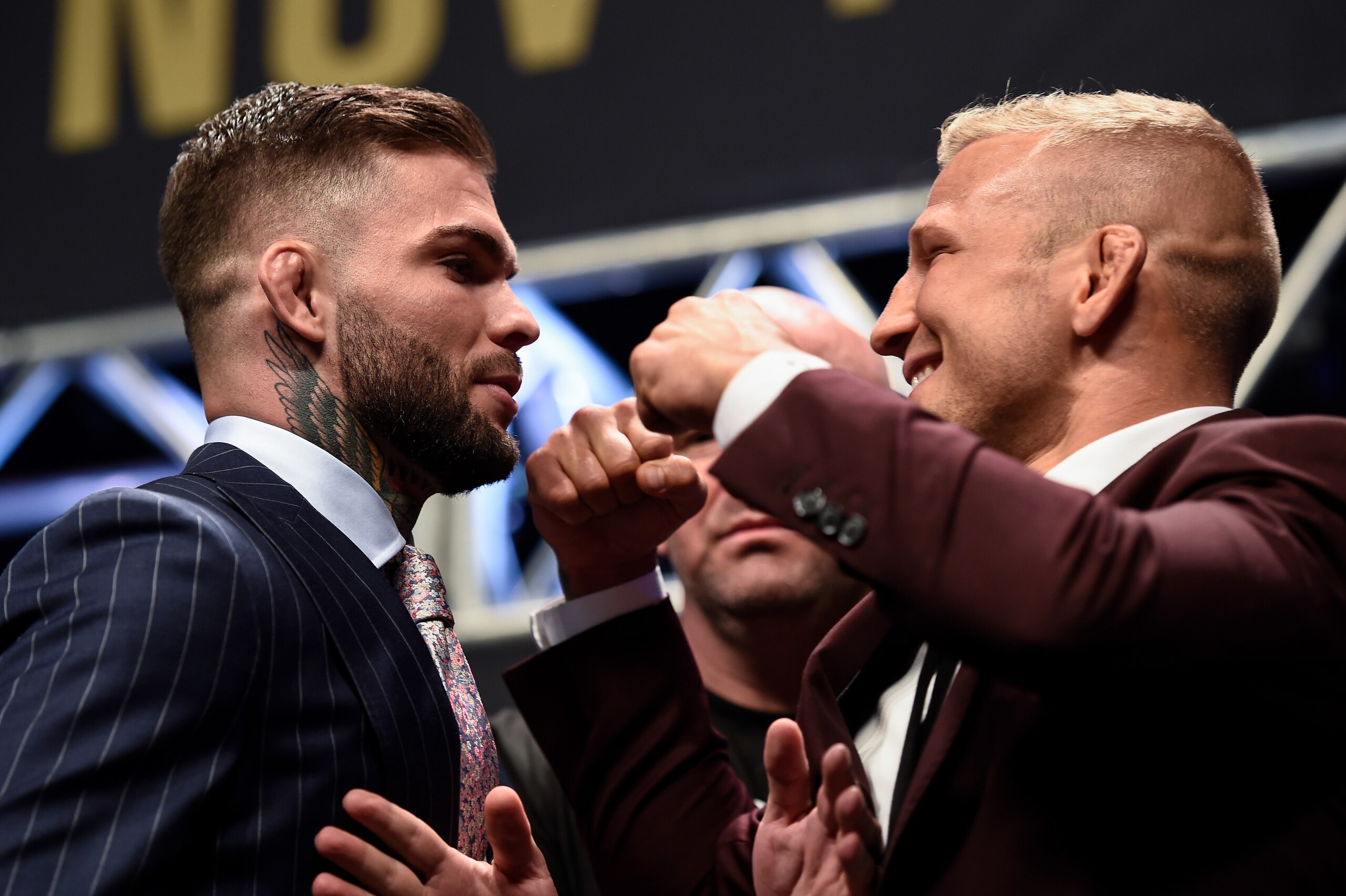 LAS VEGAS, NV - OCTOBER 06:   (L-R) Opponents Cody Garbrandt and TJ Dillashaw face off during the UFC 217 news conference inside T-Mobile Arena on October 6, 2017 in Las Vegas, Nevada. (Photo by Brandon Magnus/Zuffa LLC/Zuffa LLC via Getty Images)
