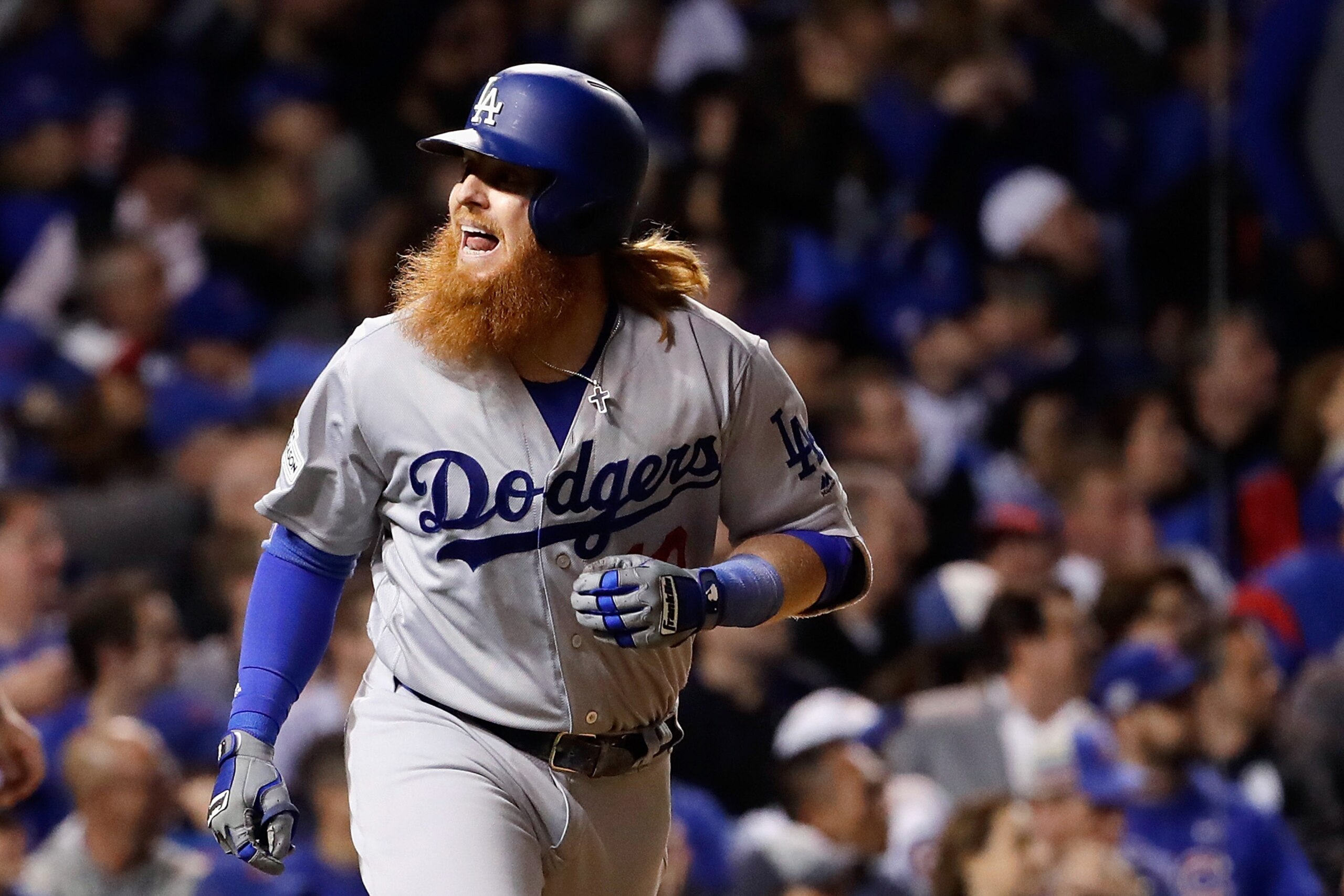 CHICAGO, IL - OCTOBER 18: Justin Turner #10 of the Los Angeles Dodgers reacts after hitting a home run in the eighth inning against the Chicago Cubs during game four of the National League Championship Series at Wrigley Field on October 18, 2017 in Chica CHICAGO, IL - OCTOBER 18: Justin Turner #10 of the Los Angeles Dodgers reacts after hitting a home run in the eighth inning against the Chicago Cubs during game four of the National League Championship Series at Wrigley Field on October 18, 2017 in Chica