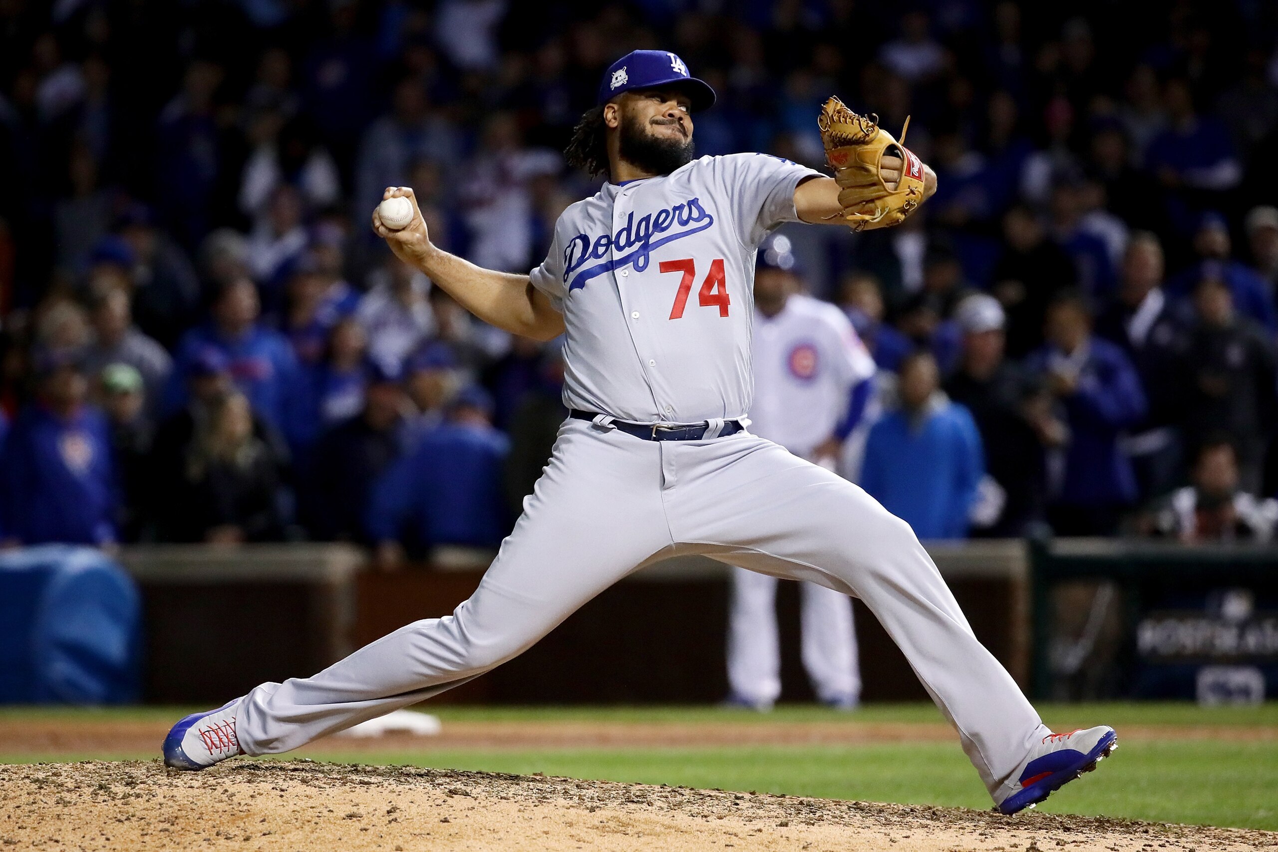 CHICAGO, IL - OCTOBER 19: Kenley Jansen #74 of the Los Angeles Dodgers pitches in the ninth inning against the Chicago Cubs during game five of the National League Championship Series at Wrigley Field on October 19, 2017 in Chicago, Illinois. (Photo by CHICAGO, IL - OCTOBER 19: Kenley Jansen #74 of the Los Angeles Dodgers pitches in the ninth inning against the Chicago Cubs during game five of the National League Championship Series at Wrigley Field on October 19, 2017 in Chicago, Illinois. (Photo by