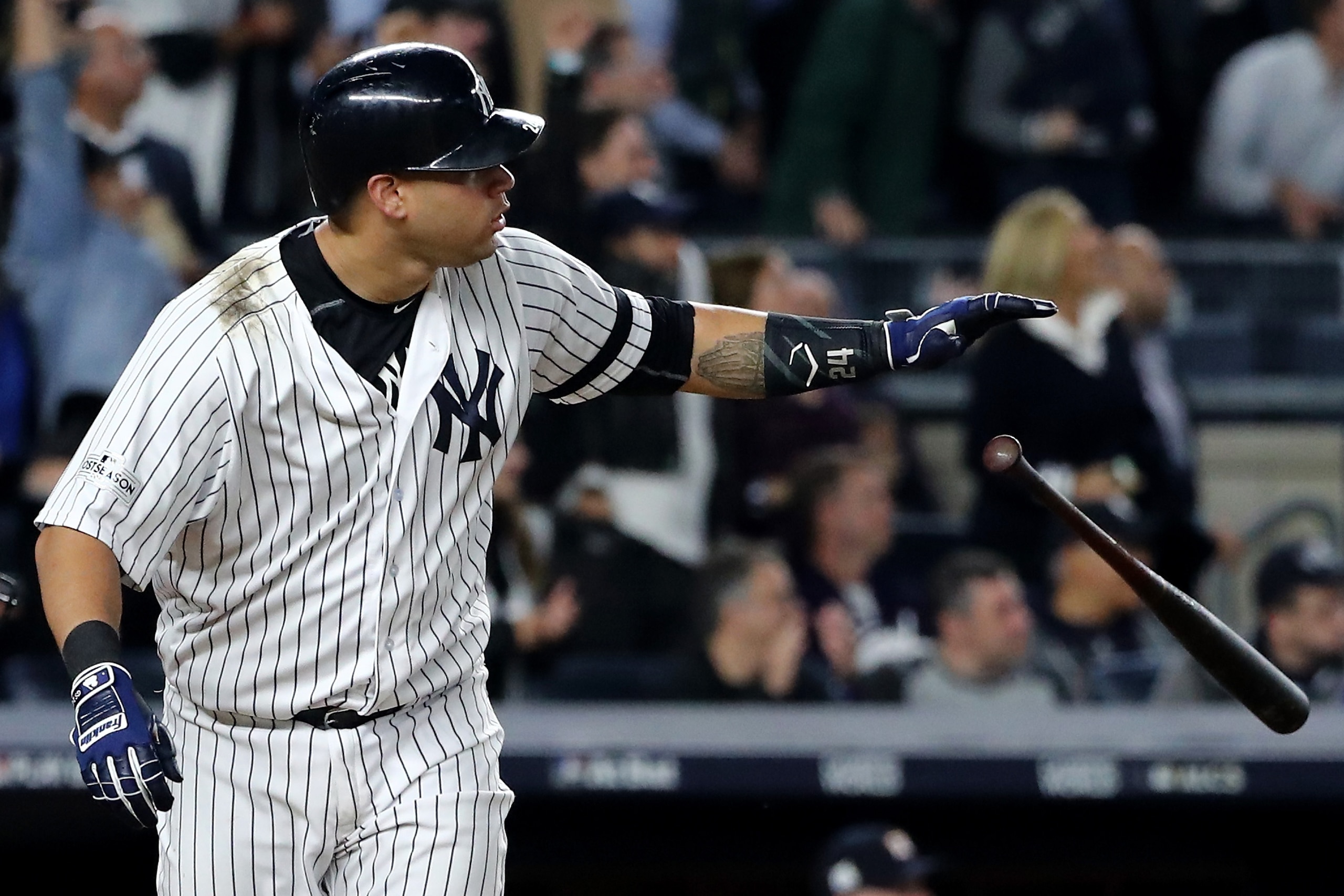 NEW YORK, NY - OCTOBER 18: Gary Sanchez #24 of the New York Yankees hits a solo home run during the seventh inning against the Houston Astros in Game Five of the American League Championship Series at Yankee Stadium on October 18, 2017 in the Bronx borou NEW YORK, NY - OCTOBER 18: Gary Sanchez #24 of the New York Yankees hits a solo home run during the seventh inning against the Houston Astros in Game Five of the American League Championship Series at Yankee Stadium on October 18, 2017 in the Bronx borou