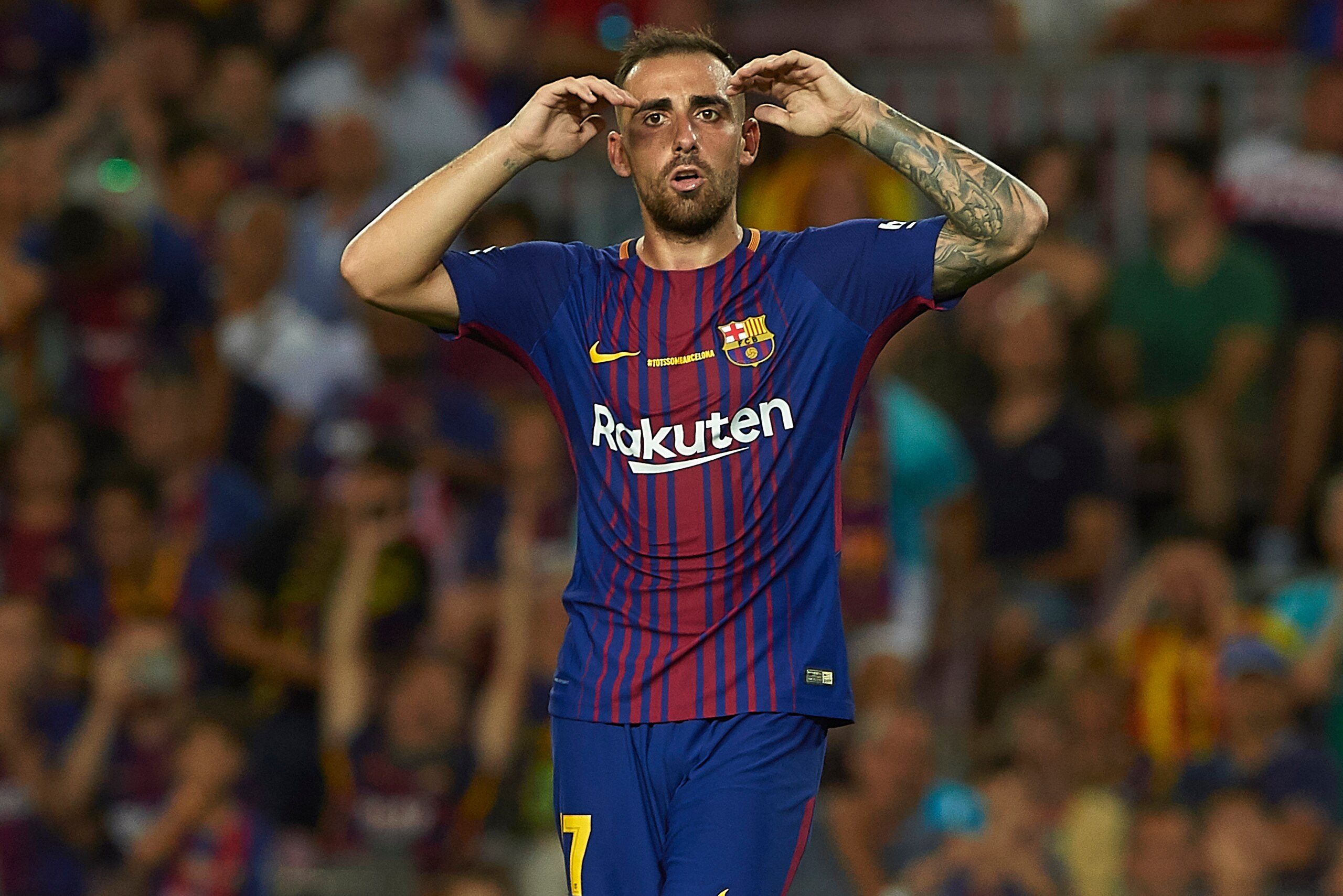 BARCELONA, SPAIN - AUGUST 20:  Paco Alcacer of Barcelona reacts during the La Liga match between Barcelona and Real Betis at Camp Nou on August 20, 2017 in Barcelona, Spain.  (Photo by Manuel Queimadelos Alonso/Getty Images)