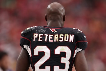 GLENDALE, AZ - OCTOBER 15:  Running back Adrian Peterson #23 of the Arizona Cardinals on the sidelines during the  NFL game against the Tampa Bay Buccaneers at the University of Phoenix Stadium on October 15, 2017 in Glendale, Arizona. The Cardinals defea