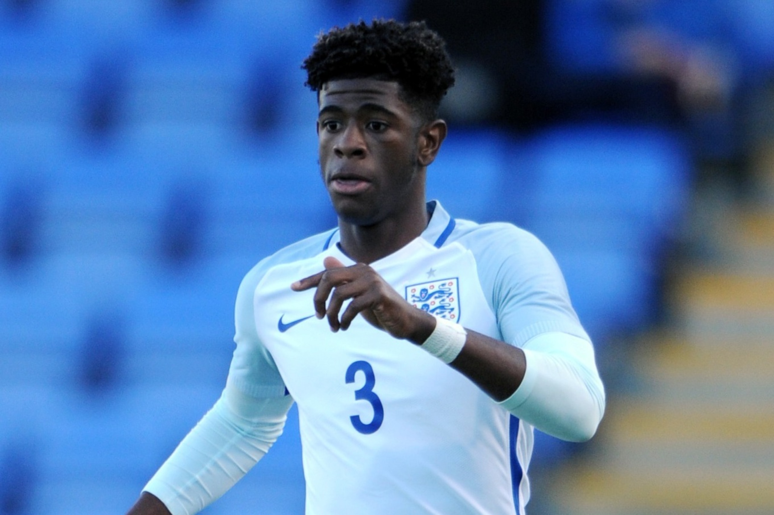 SHREWSBURY, ENGLAND - SEPTEMBER 01:	Jonathan Panzo of England in action during the international friendly match between England U18 and Brazil U18 on September 1, 2017 in Shrewsbury, England. (Photo by Nathan Stirk/Getty Images)