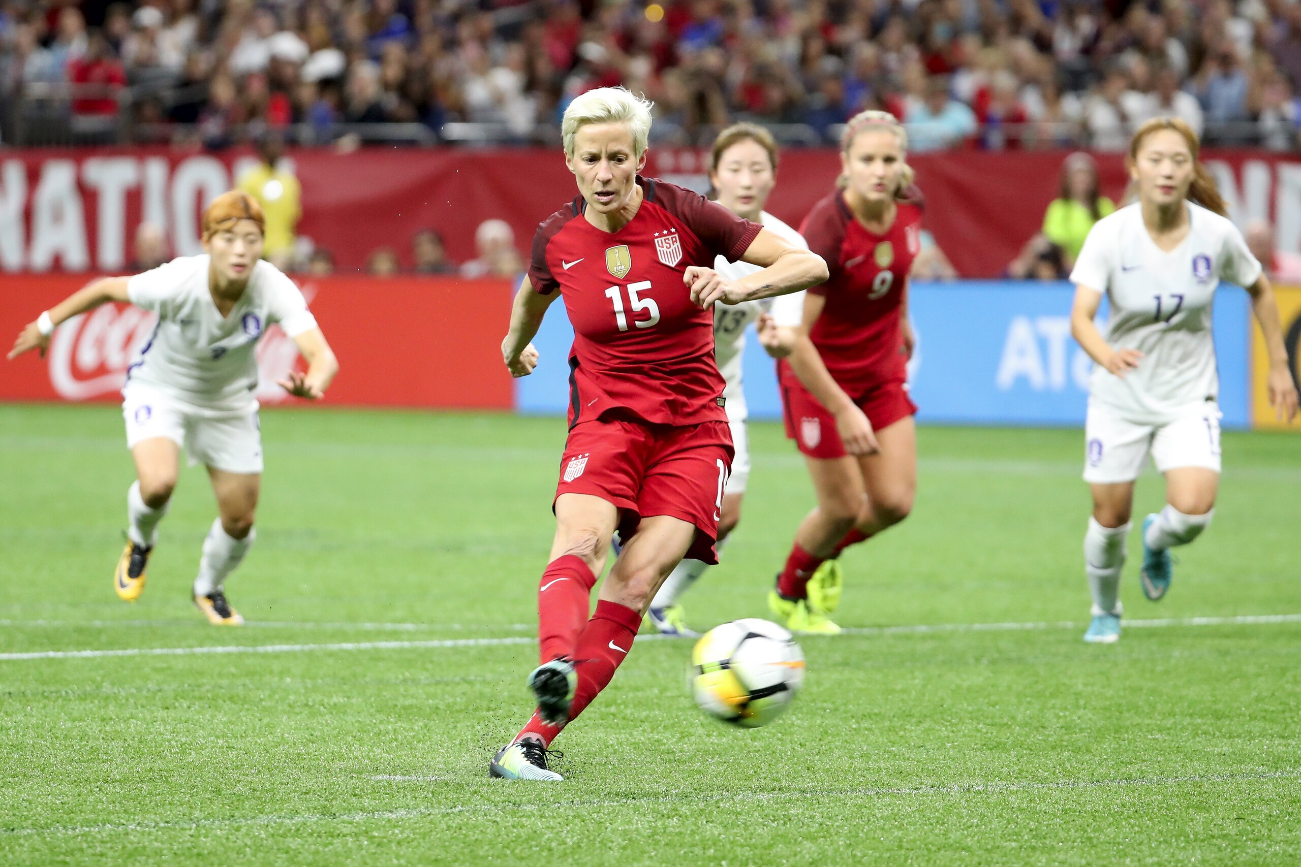 NEW ORLEANS, LA - OCTOBER 19:  Megan Rapinoe of the USA scores on a penalty kick against the Korea Republic at the Mercedes-Benz Superdome on October 19, 2017 in New Orleans, Louisiana.  (Photo by Chris Graythen/Getty Images)